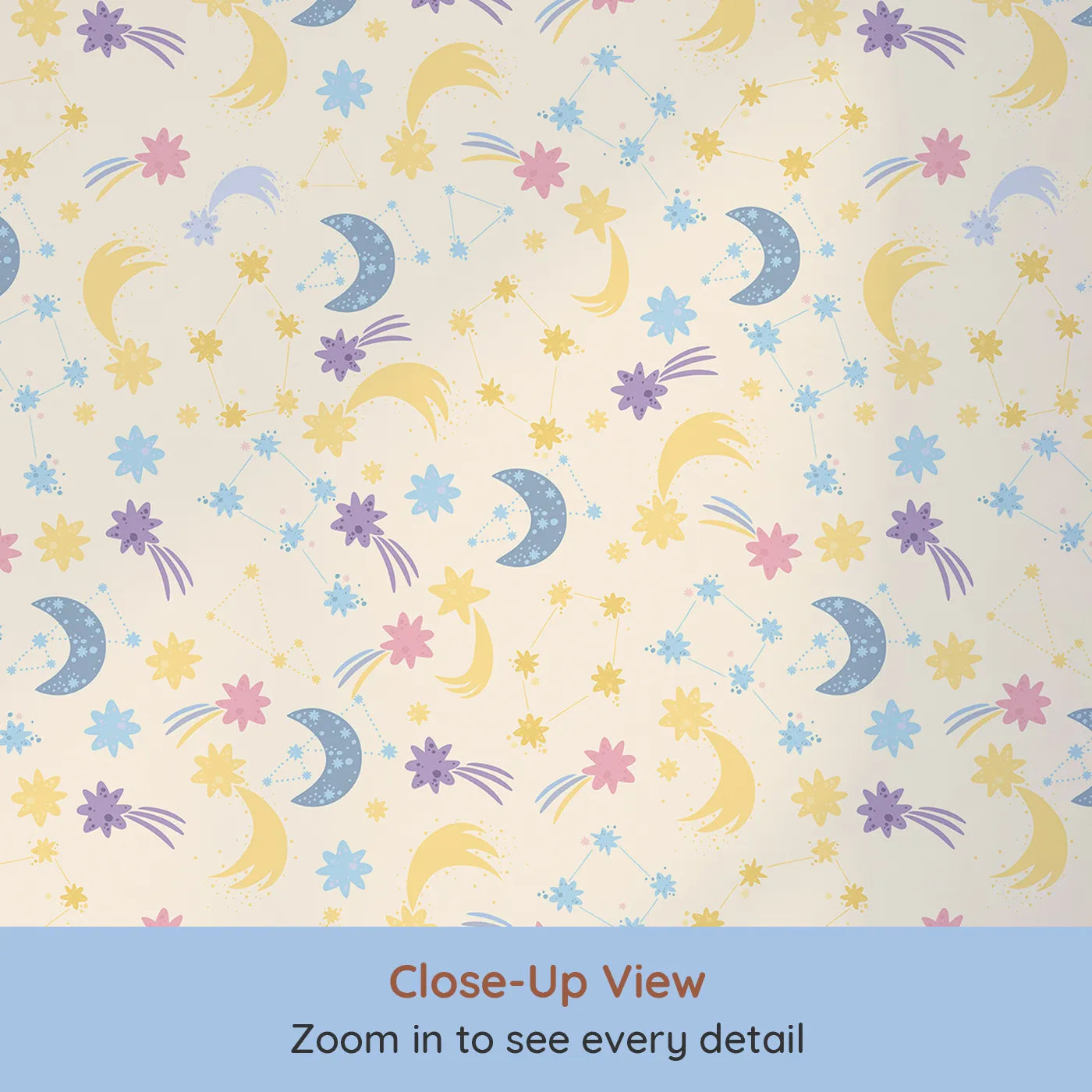 Close-up view of Whimsy Tots' Starlit Wishes Wallpaper in Vanilla (W3195B).Moons, constellations, and twinkling stars light up their nighttime wonderland.