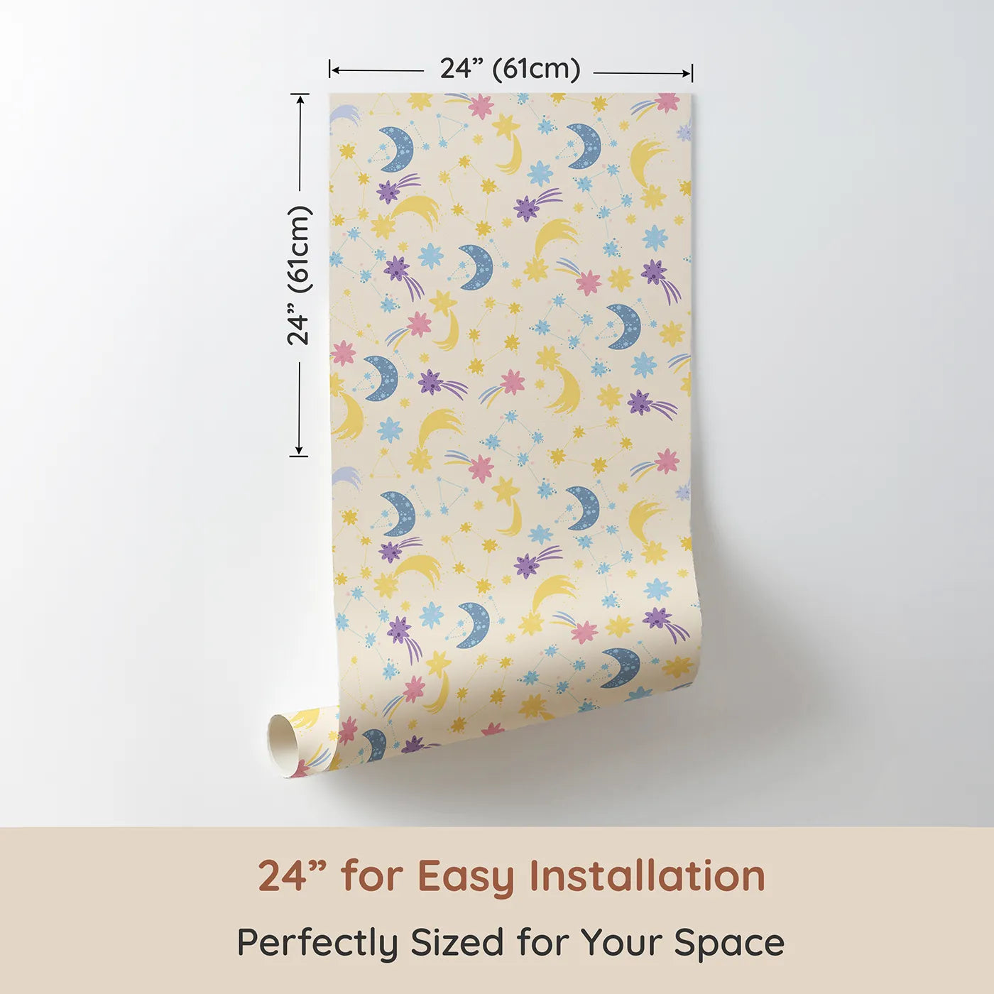 Dimension view of Whimsy Tots Starlit Wishes Wallpaper in Vanilla (W3195B). Printed in 24-inch-wide panel for easy installation. Moons, constellations, and twinkling stars light up their nighttime wonderland.