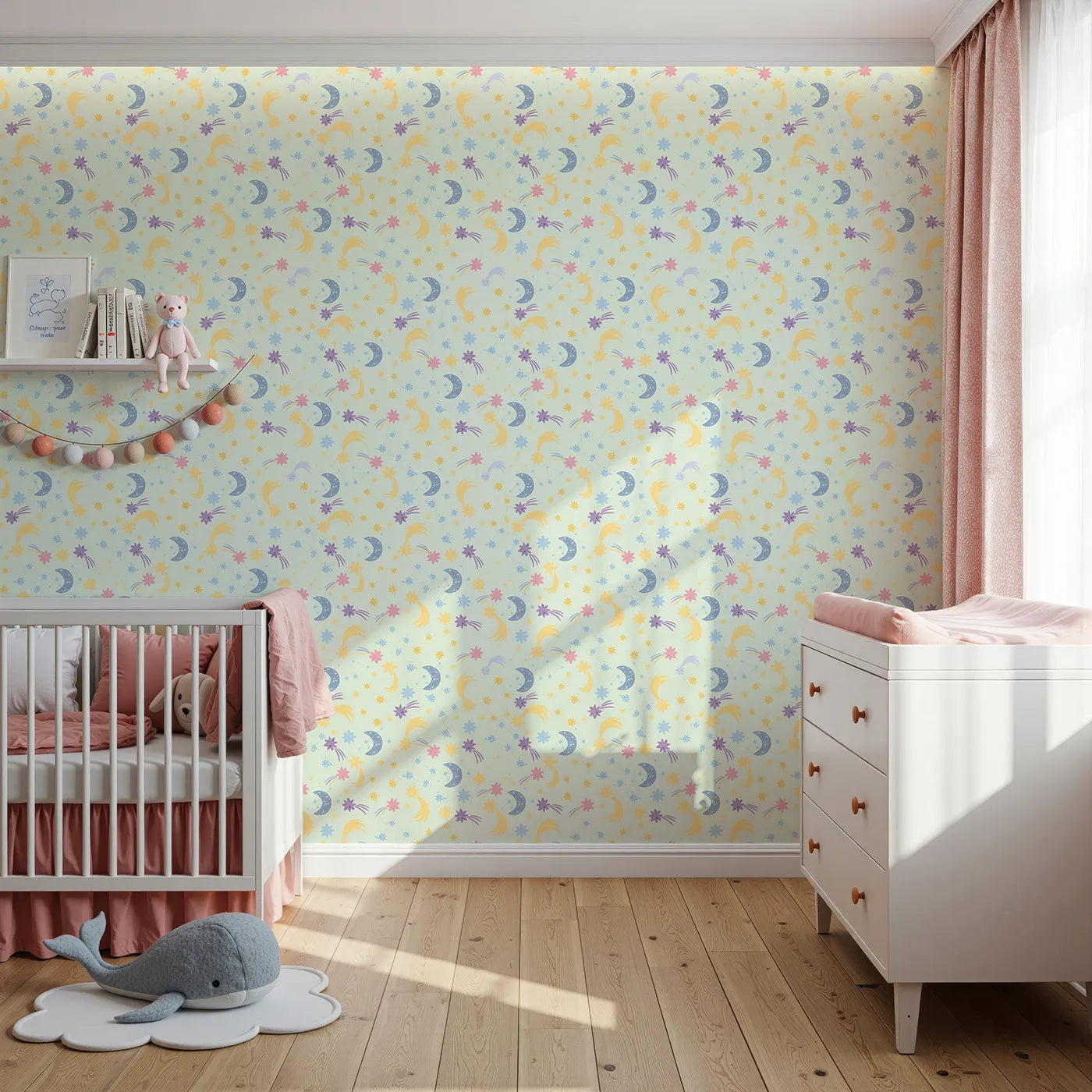 Front view of Whimsy Tots' Starlit Wishes Wallpaper in Mint Green