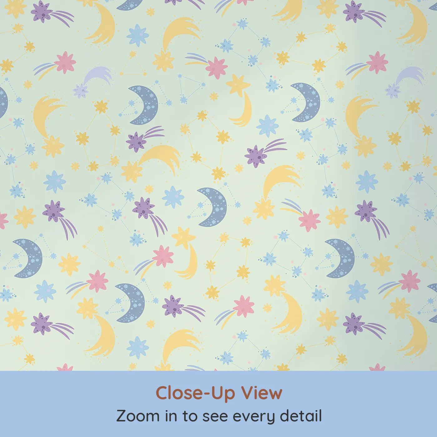 Close-up view of Whimsy Tots' Starlit Wishes Wallpaper in Mint Green (W3195C).Moons, constellations, and twinkling stars light up their nighttime wonderland.