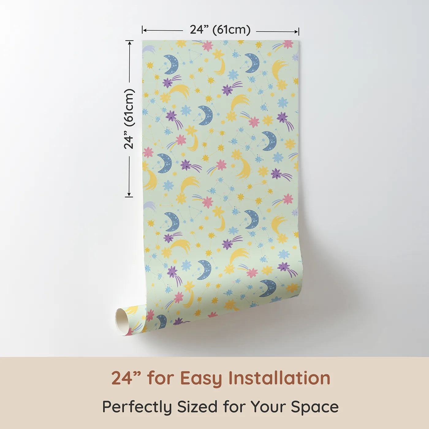 Dimension view of Whimsy Tots Starlit Wishes Wallpaper in Mint Green (W3195C). Printed in 24-inch-wide panel for easy installation. Moons, constellations, and twinkling stars light up their nighttime wonderland.