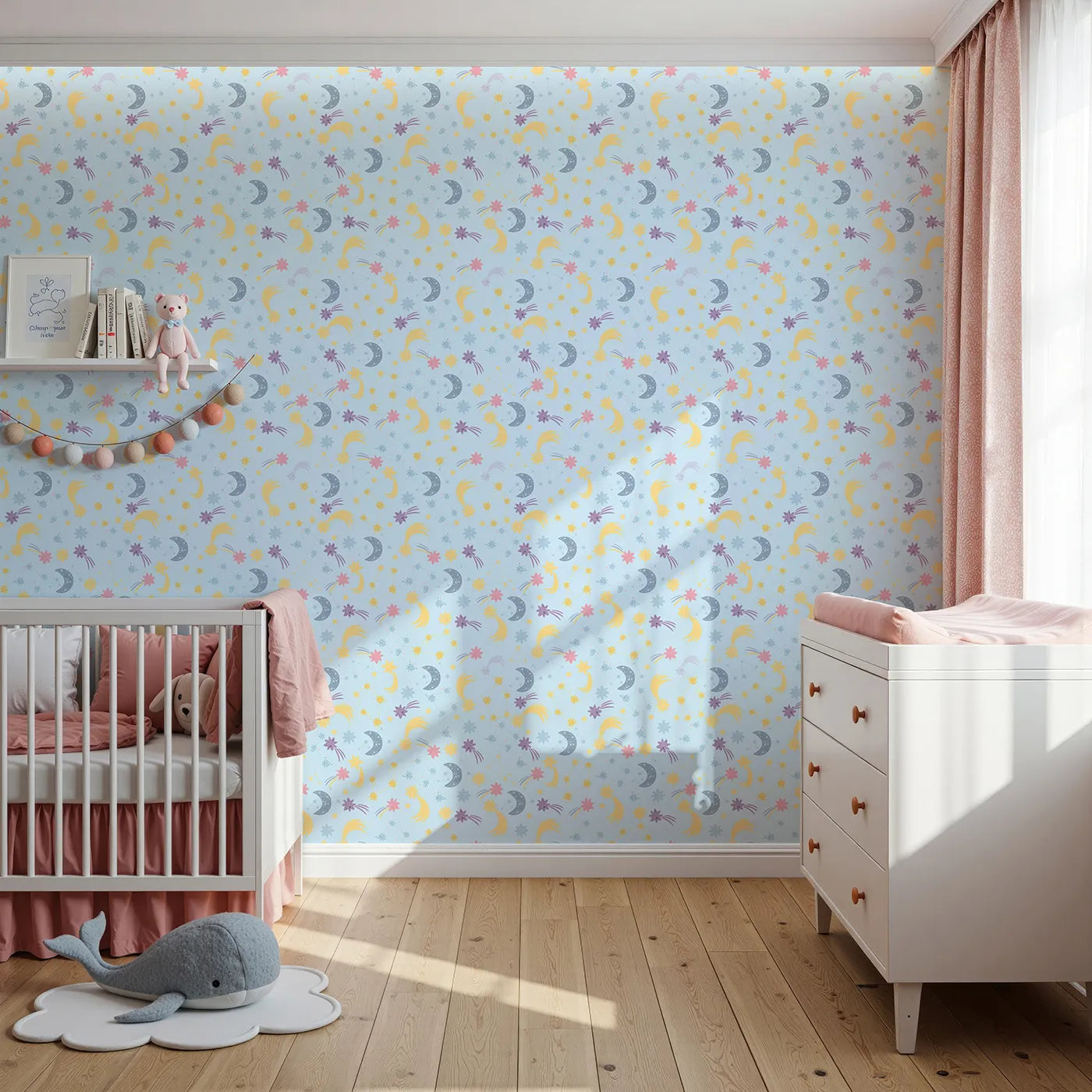 Front view of Whimsy Tots' Starlit Wishes Wallpaper in Sky Blue