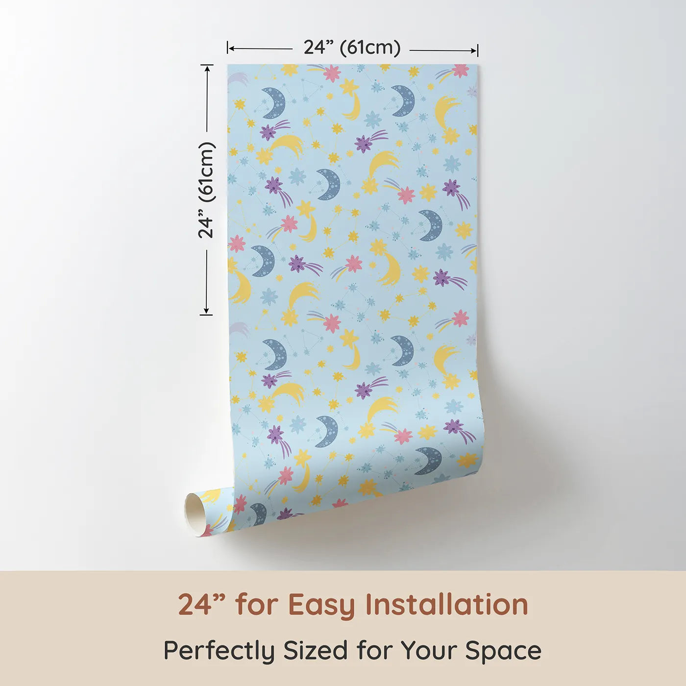 Dimension view of Whimsy Tots Starlit Wishes Wallpaper in Sky Blue (W3195D). Printed in 24-inch-wide panel for easy installation. Moons, constellations, and twinkling stars light up their nighttime wonderland.