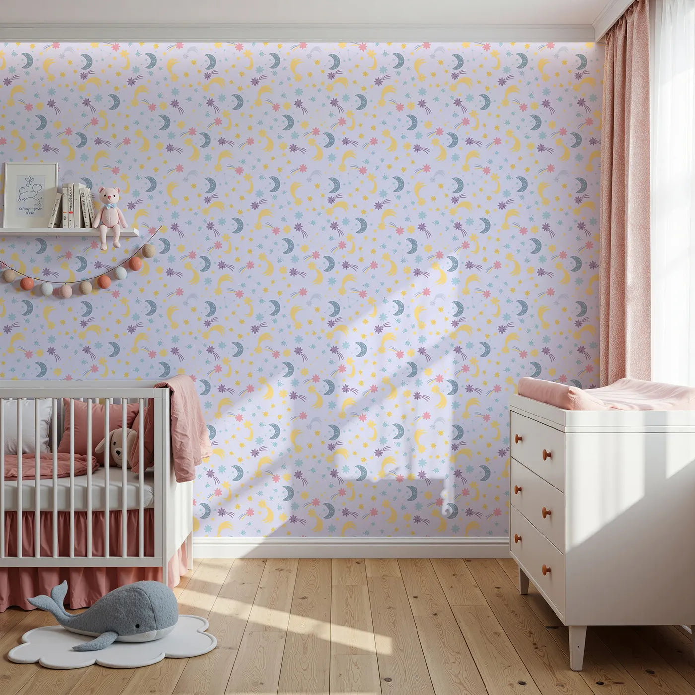 Front view of Whimsy Tots' Starlit Wishes Wallpaper in Periwinkle