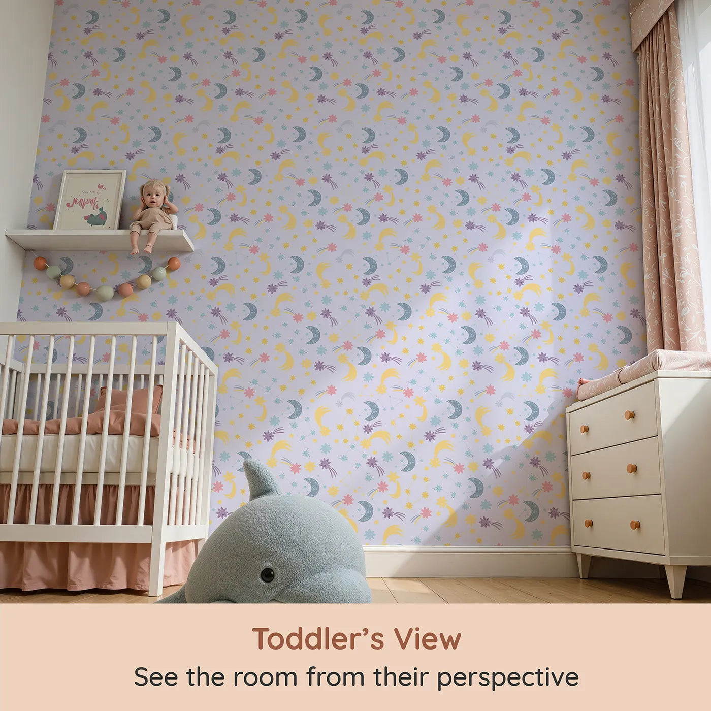 Whimsy Tots Starlit Wishes Wallpaper in Periwinkle (W3195E) from your child's view.Moons, constellations, and twinkling stars light up their nighttime wonderland.