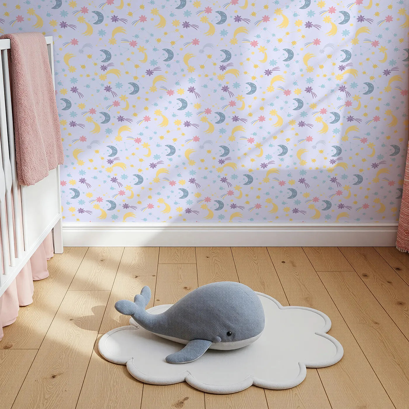 Top-Down view of Whimsy Tots' Starlit Wishes Wallpaper in Periwinkle (W3195E).Moons, constellations, and twinkling stars light up their nighttime wonderland.