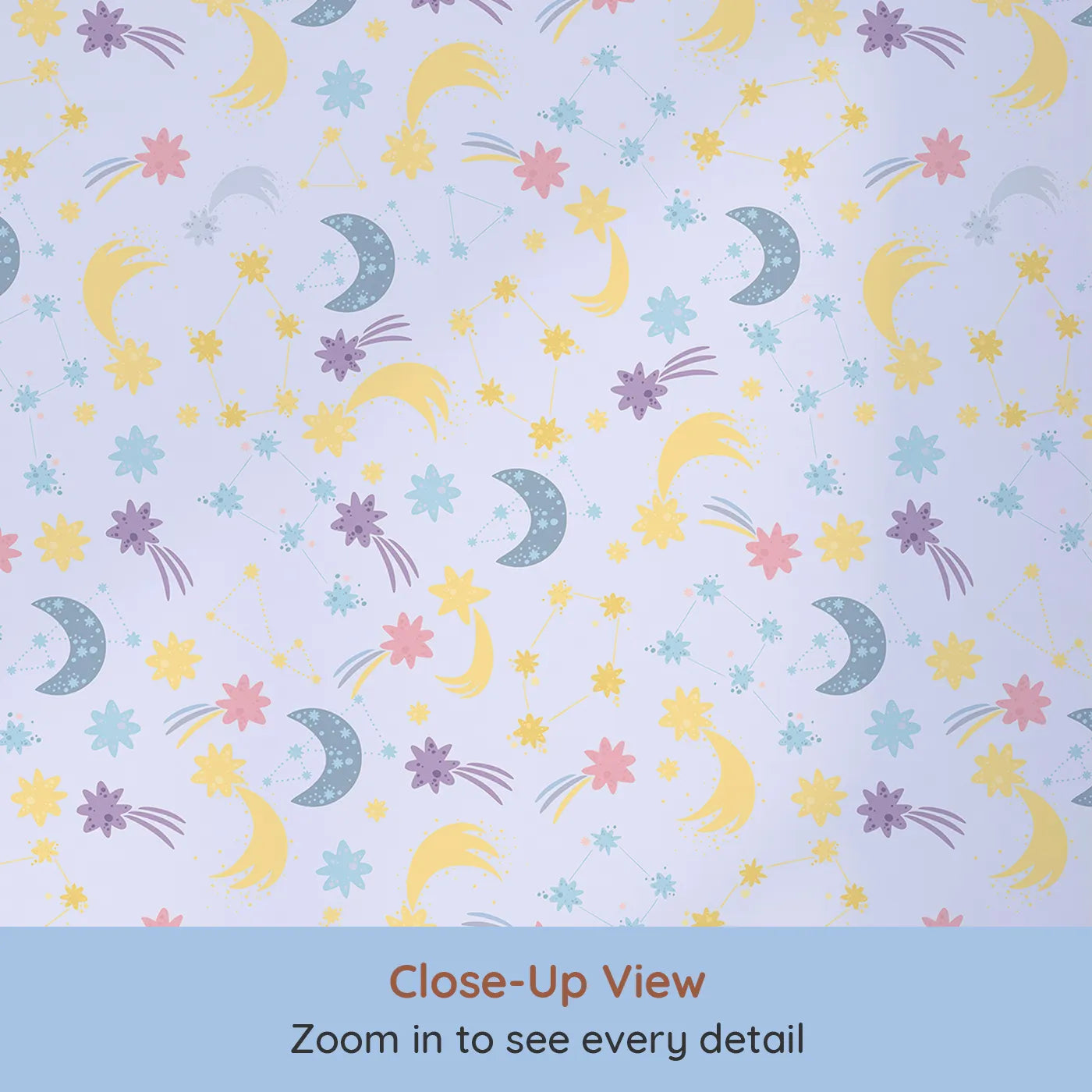 Close-up view of Whimsy Tots' Starlit Wishes Wallpaper in Periwinkle (W3195E).Moons, constellations, and twinkling stars light up their nighttime wonderland.