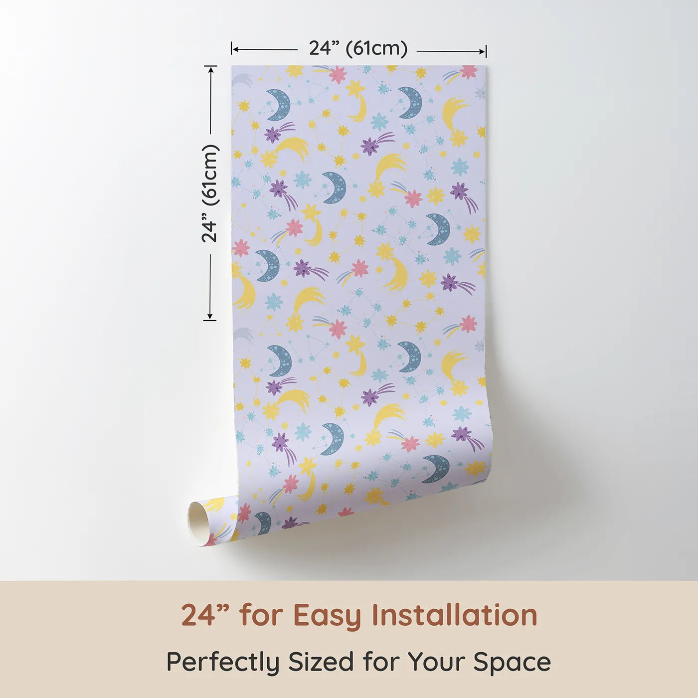 Dimension view of Whimsy Tots Starlit Wishes Wallpaper in Periwinkle (W3195E). Printed in 24-inch-wide panel for easy installation. Moons, constellations, and twinkling stars light up their nighttime wonderland.