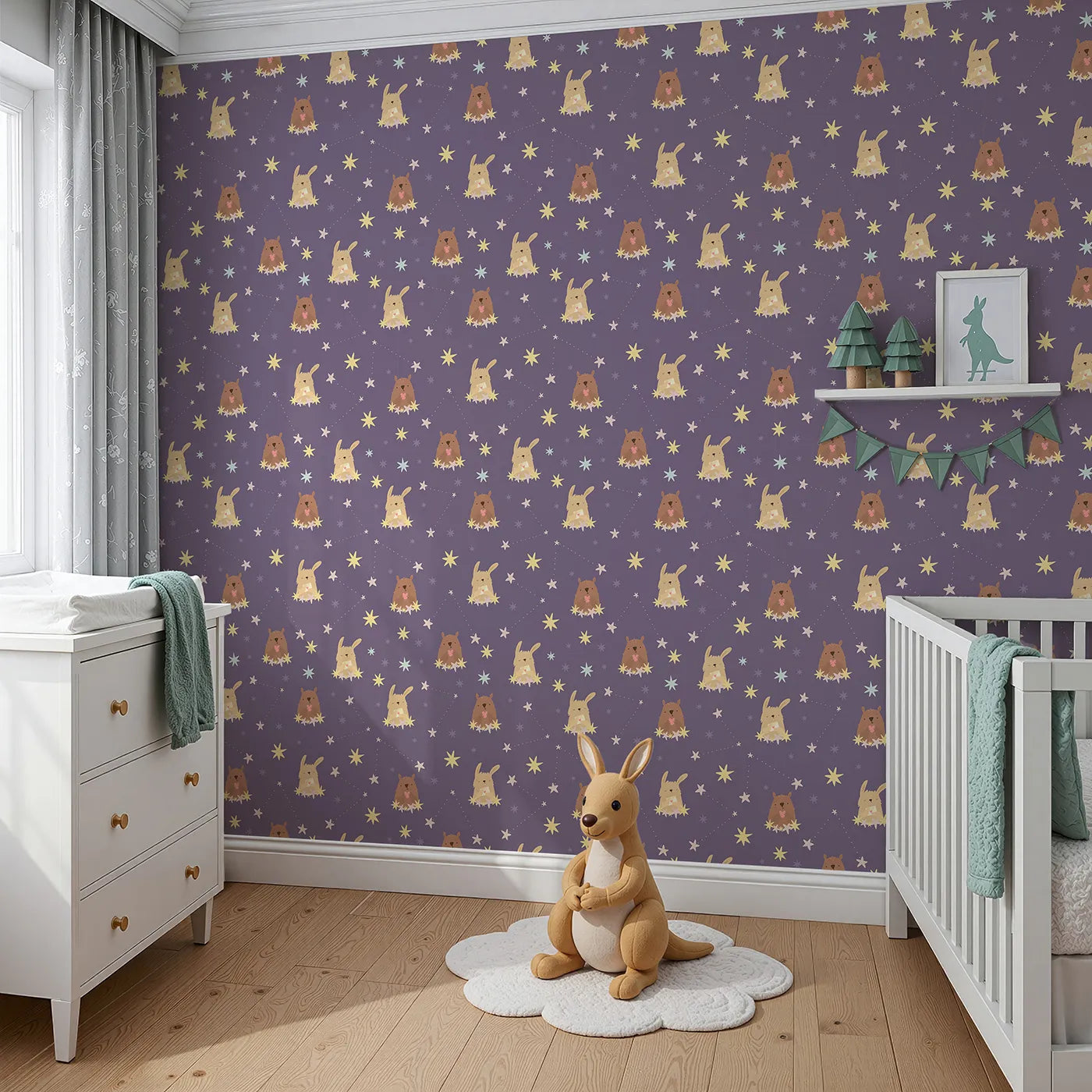 Angled view of Whimsy Tots' Starry Snuggle Pals Wallpaper in Plum (W3196A).Sweet woodland friends rest among glowing constellations and soft starbursts.