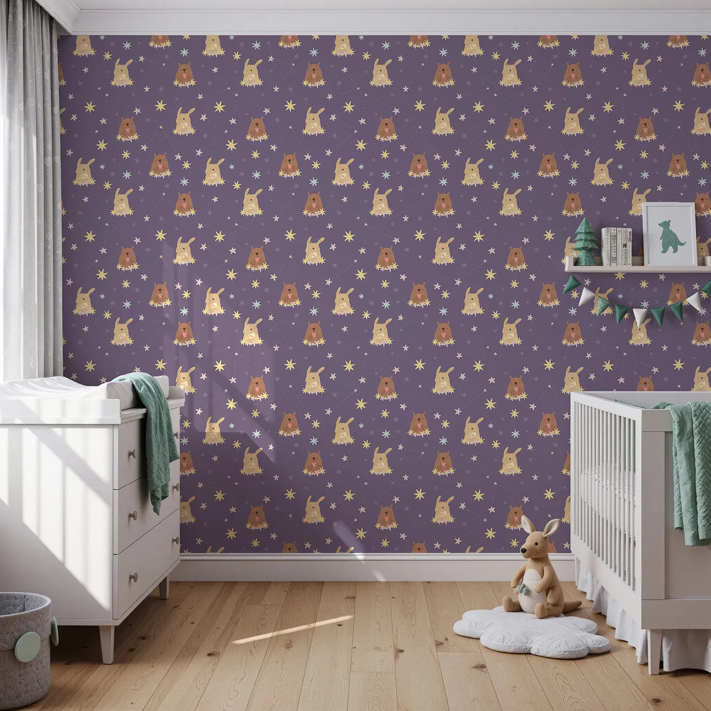Front view of Whimsy Tots' Starry Snuggle Pals Wallpaper in Plum