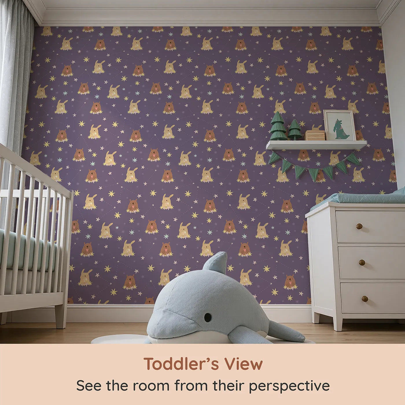 Whimsy Tots Starry Snuggle Pals Wallpaper in Plum (W3196A) from your child's view.Sweet woodland friends rest among glowing constellations and soft starbursts.