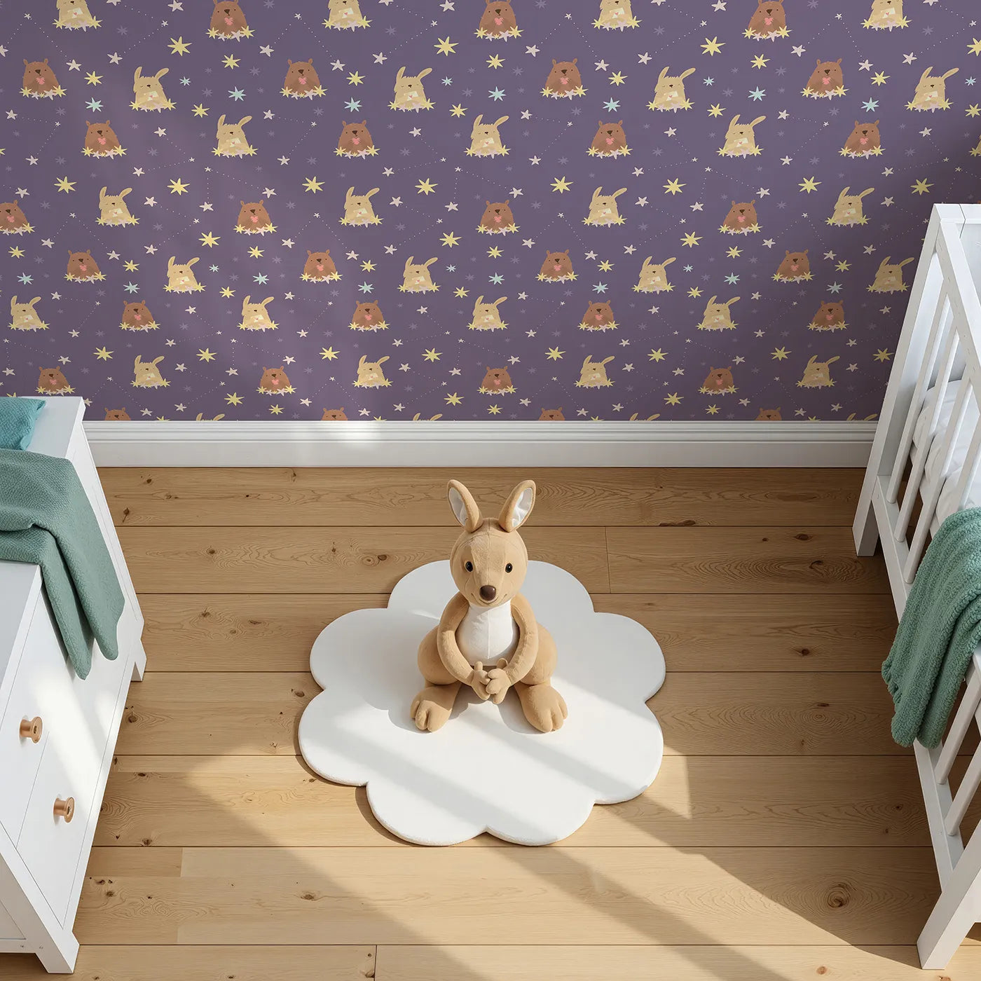 Top-Down view of Whimsy Tots' Starry Snuggle Pals Wallpaper in Plum (W3196A).Sweet woodland friends rest among glowing constellations and soft starbursts.