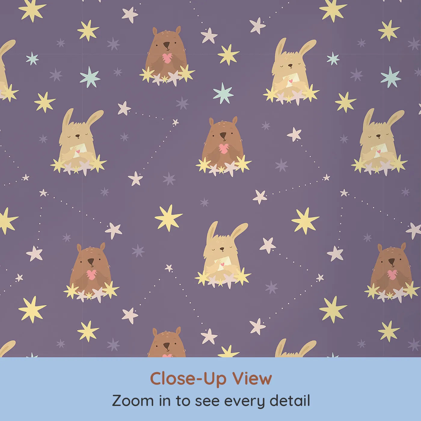 Close-up view of Whimsy Tots' Starry Snuggle Pals Wallpaper in Plum (W3196A).Sweet woodland friends rest among glowing constellations and soft starbursts.