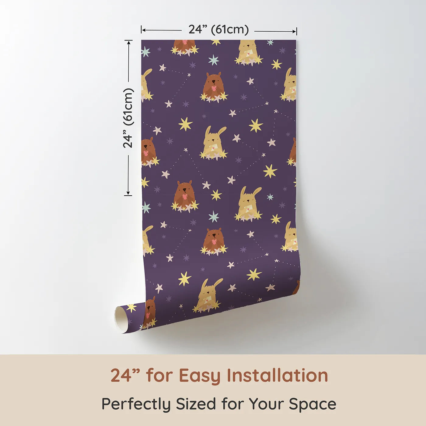 Dimension view of Whimsy Tots Starry Snuggle Pals Wallpaper in Plum (W3196A). Printed in 24-inch-wide panel for easy installation. Sweet woodland friends rest among glowing constellations and soft starbursts.
