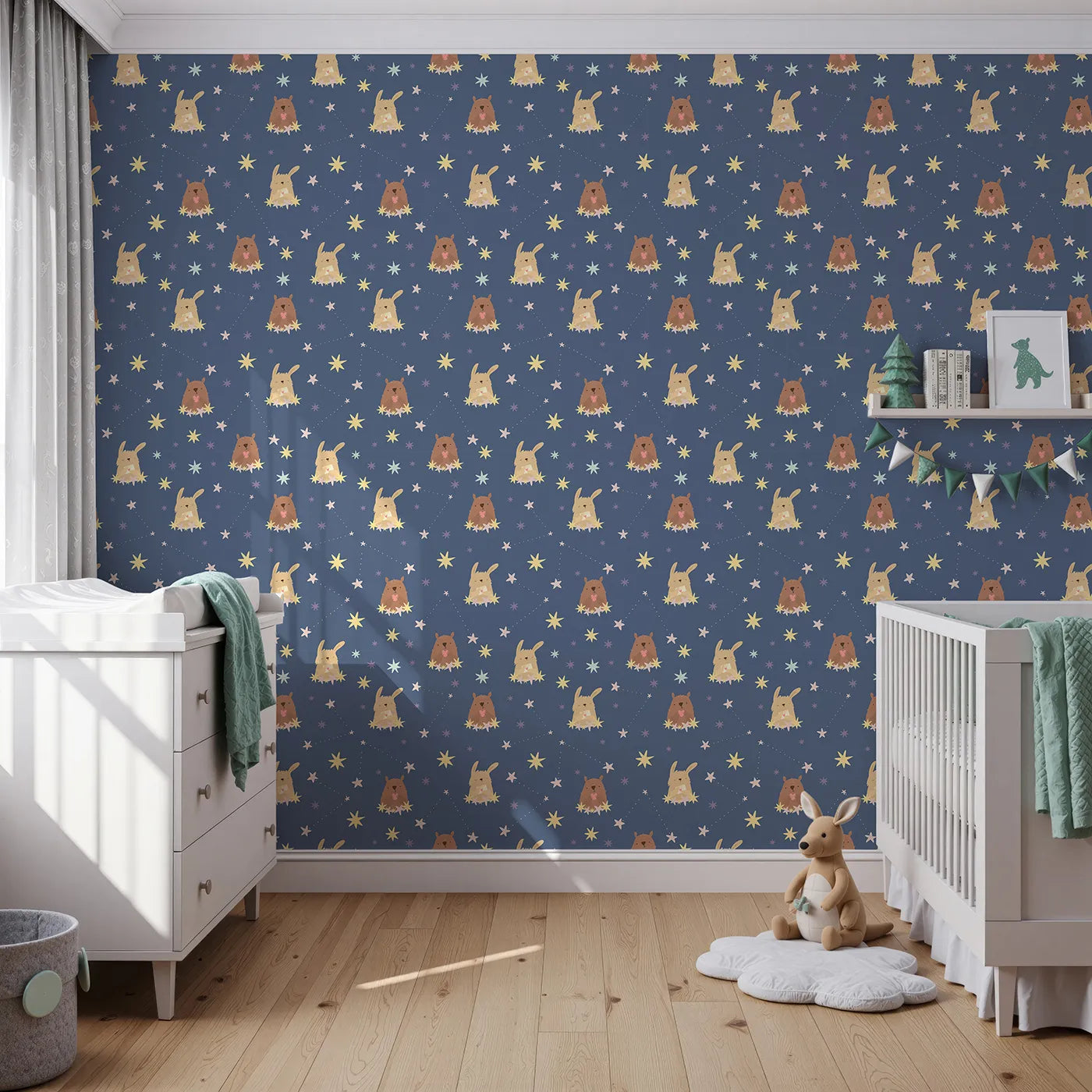 Front view of Whimsy Tots' Starry Snuggle Pals Wallpaper in Navy Blue
