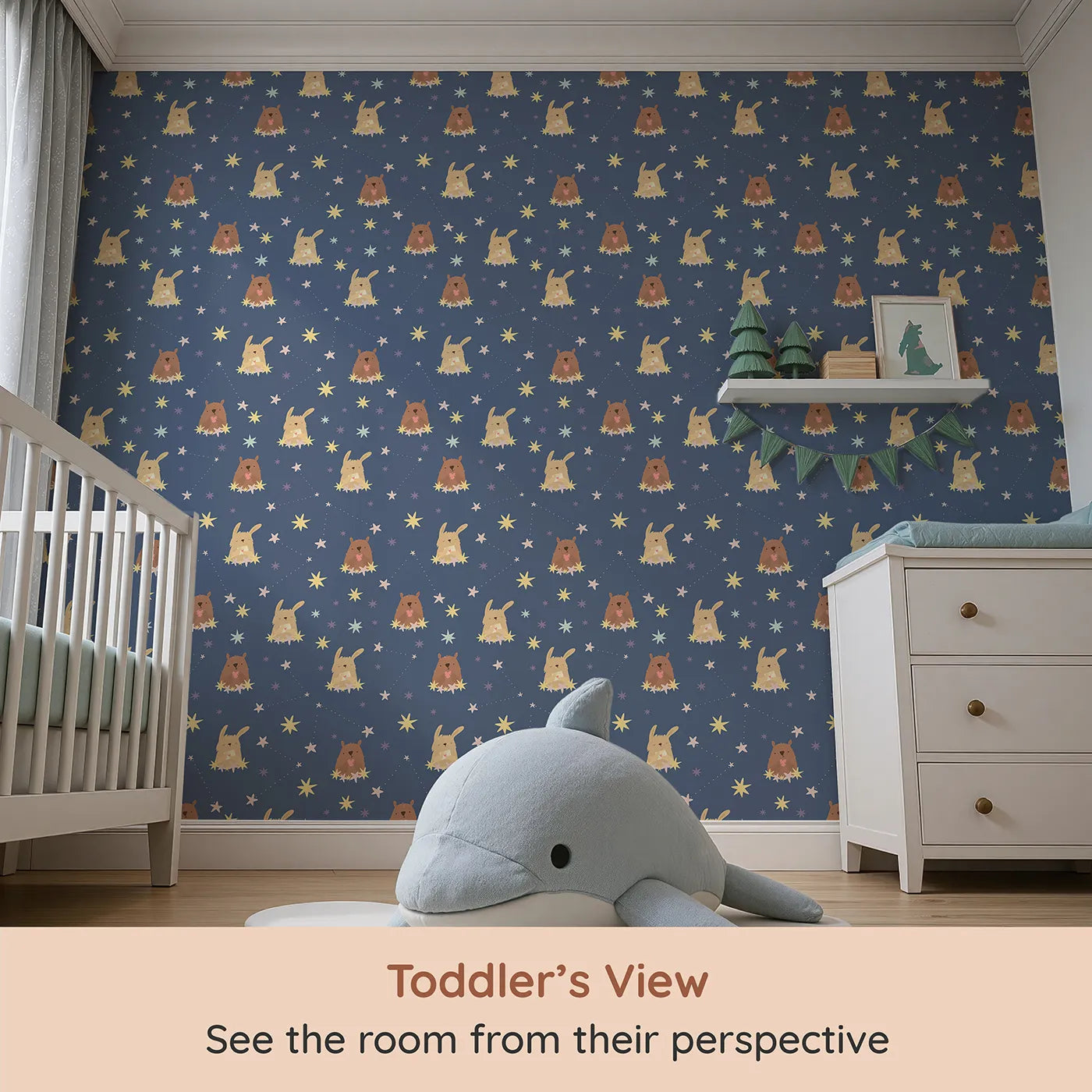 Whimsy Tots Starry Snuggle Pals Wallpaper in Navy Blue (W3196B) from your child's view.Sweet woodland friends rest among glowing constellations and soft starbursts.