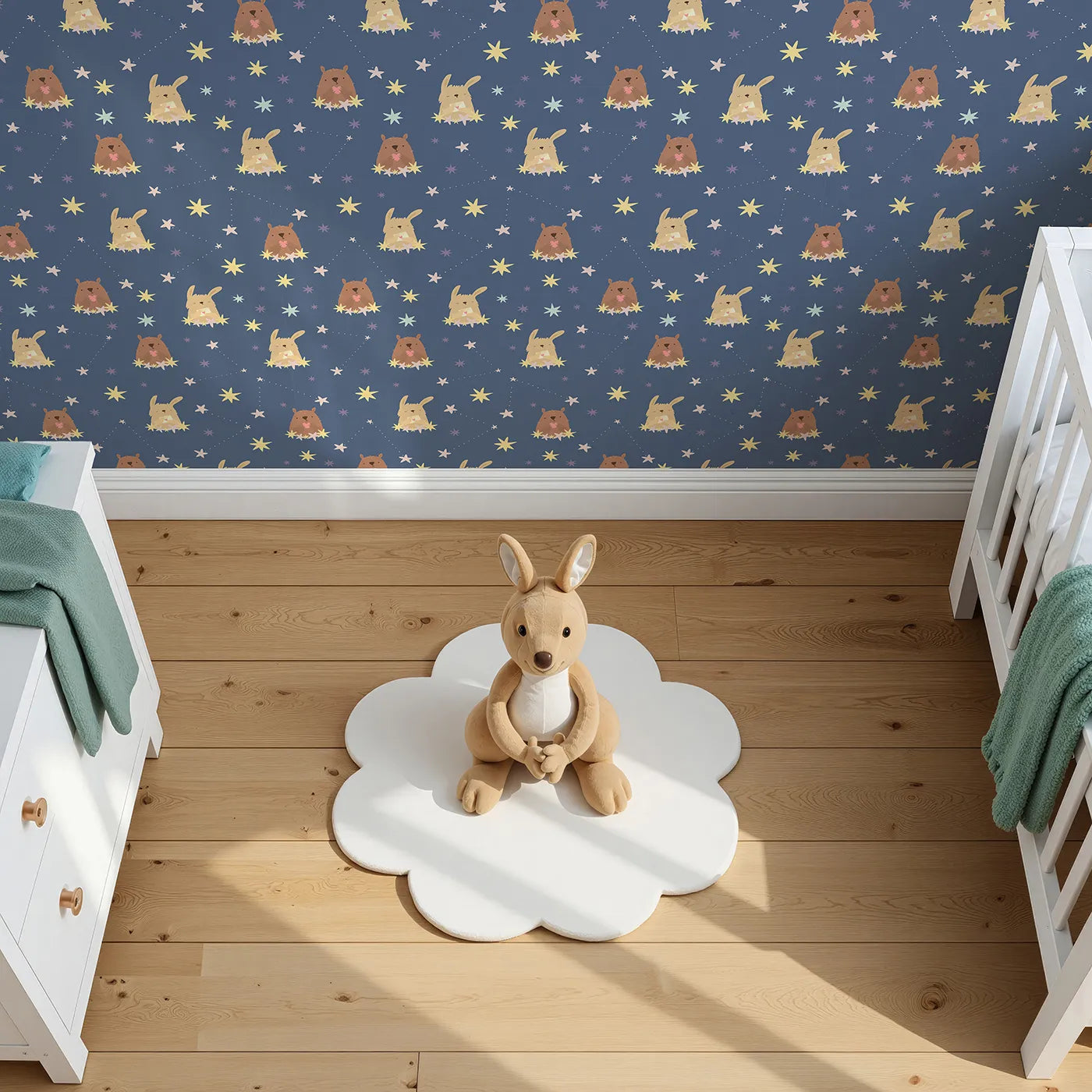 Top-Down view of Whimsy Tots' Starry Snuggle Pals Wallpaper in Navy Blue (W3196B).Sweet woodland friends rest among glowing constellations and soft starbursts.