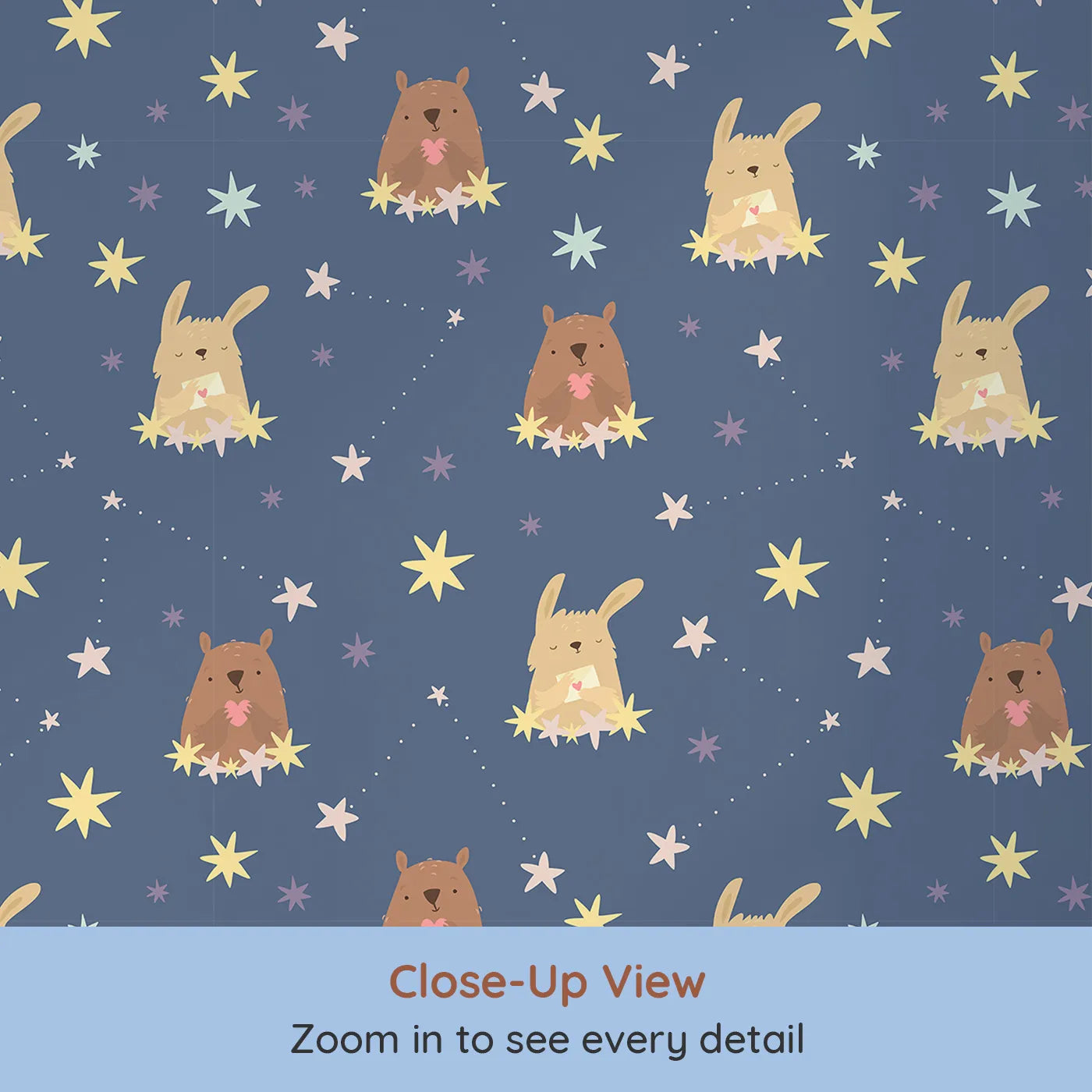 Close-up view of Whimsy Tots' Starry Snuggle Pals Wallpaper in Navy Blue (W3196B).Sweet woodland friends rest among glowing constellations and soft starbursts.