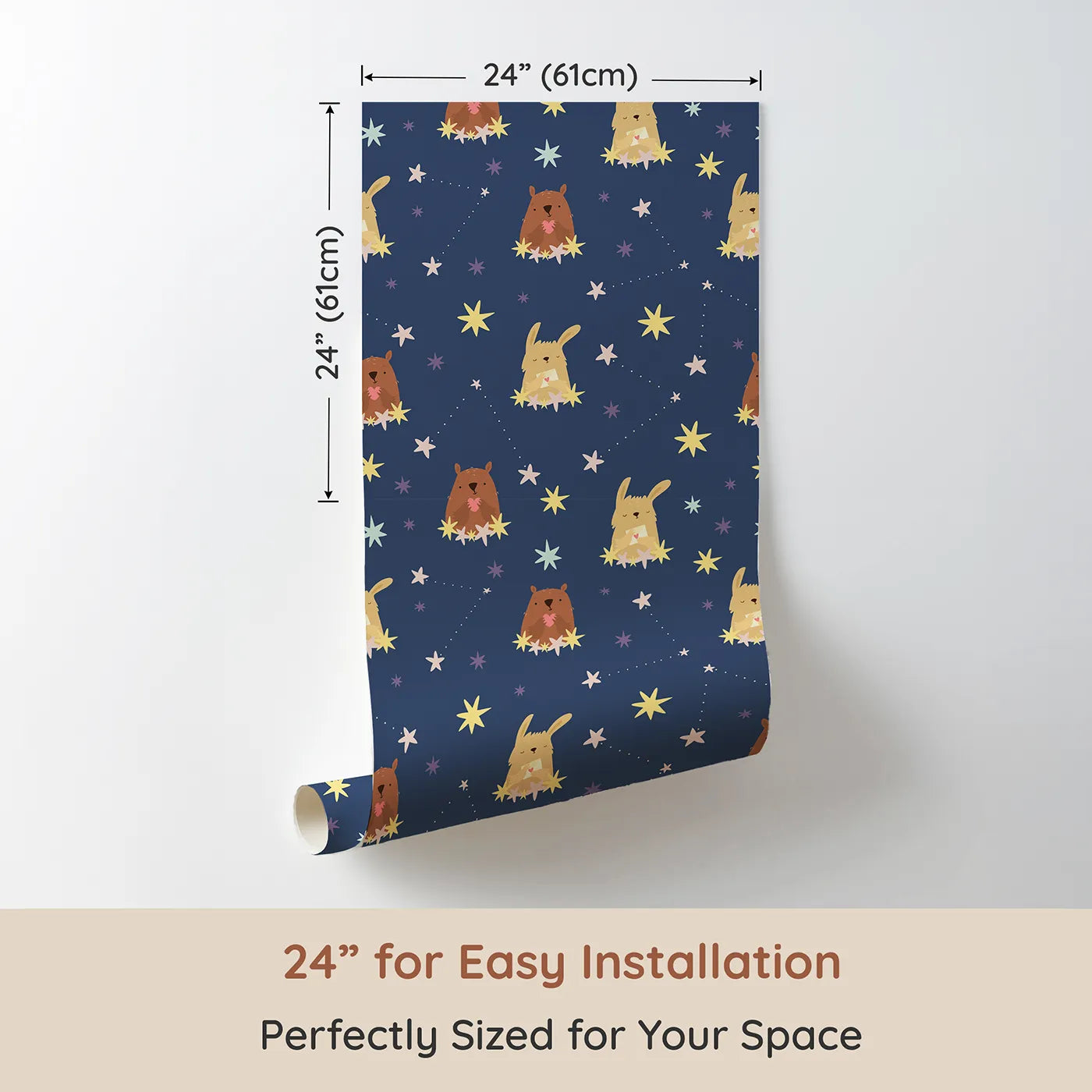 Dimension view of Whimsy Tots Starry Snuggle Pals Wallpaper in Navy Blue (W3196B). Printed in 24-inch-wide panel for easy installation. Sweet woodland friends rest among glowing constellations and soft starbursts.