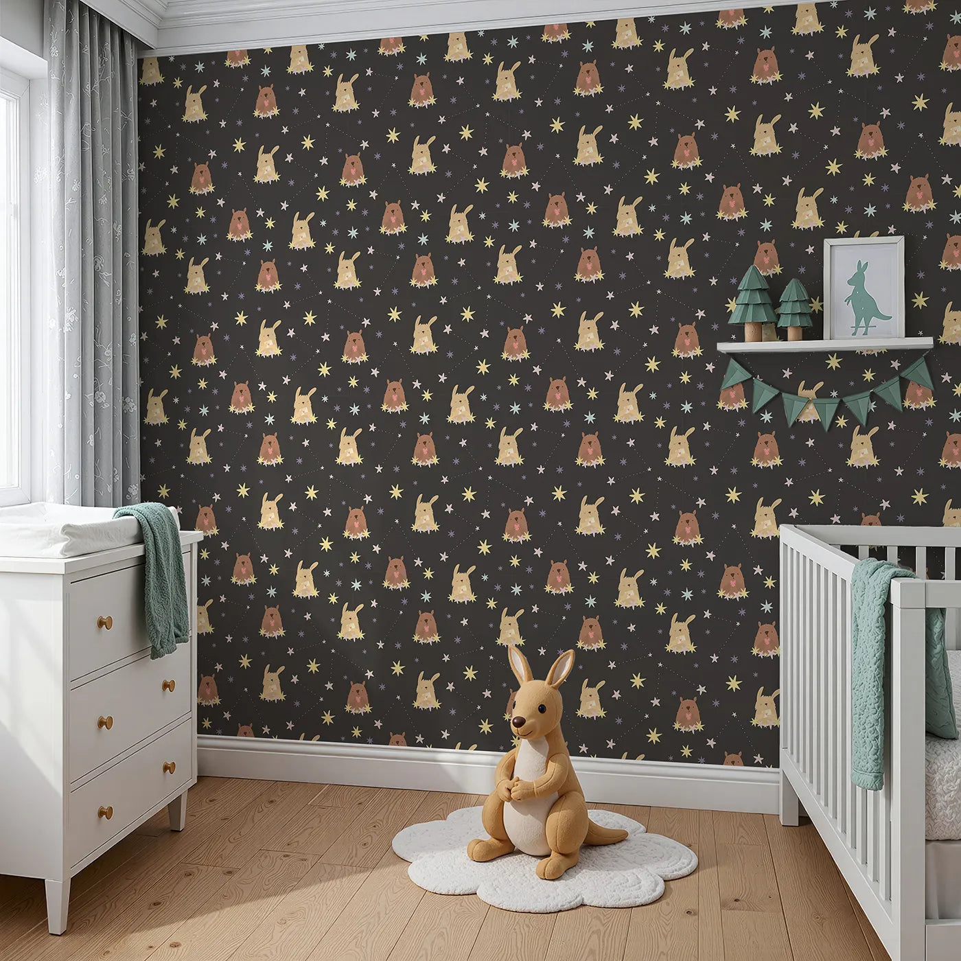 Angled view of Whimsy Tots' Starry Snuggle Pals Wallpaper in Charcoal Gray (W3196C).Sweet woodland friends rest among glowing constellations and soft starbursts.
