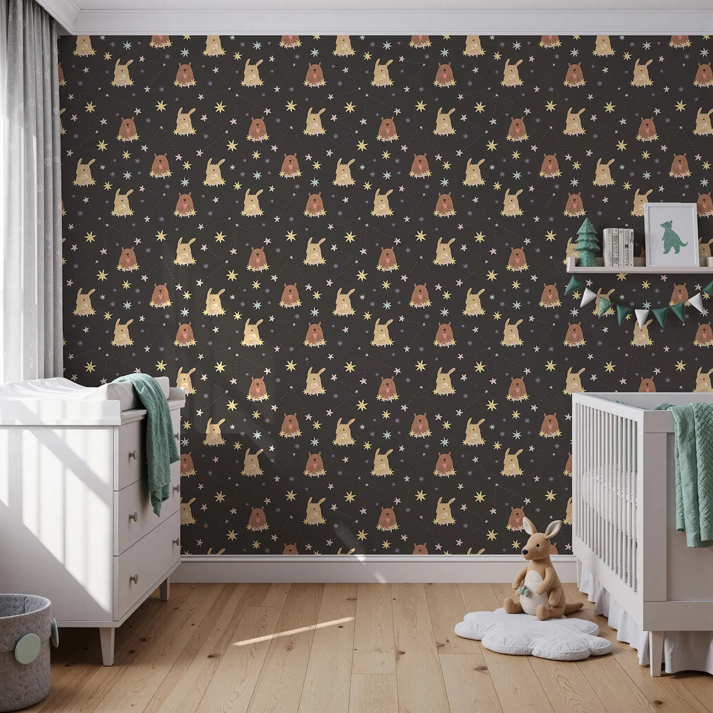 Front view of Whimsy Tots' Starry Snuggle Pals Wallpaper in Charcoal Gray