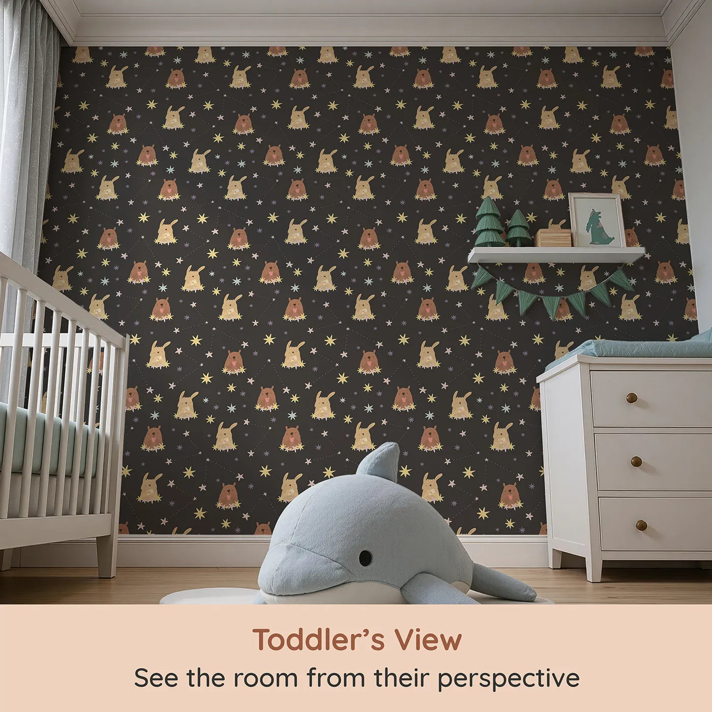 Whimsy Tots Starry Snuggle Pals Wallpaper in Charcoal Gray (W3196C) from your child's view.Sweet woodland friends rest among glowing constellations and soft starbursts.