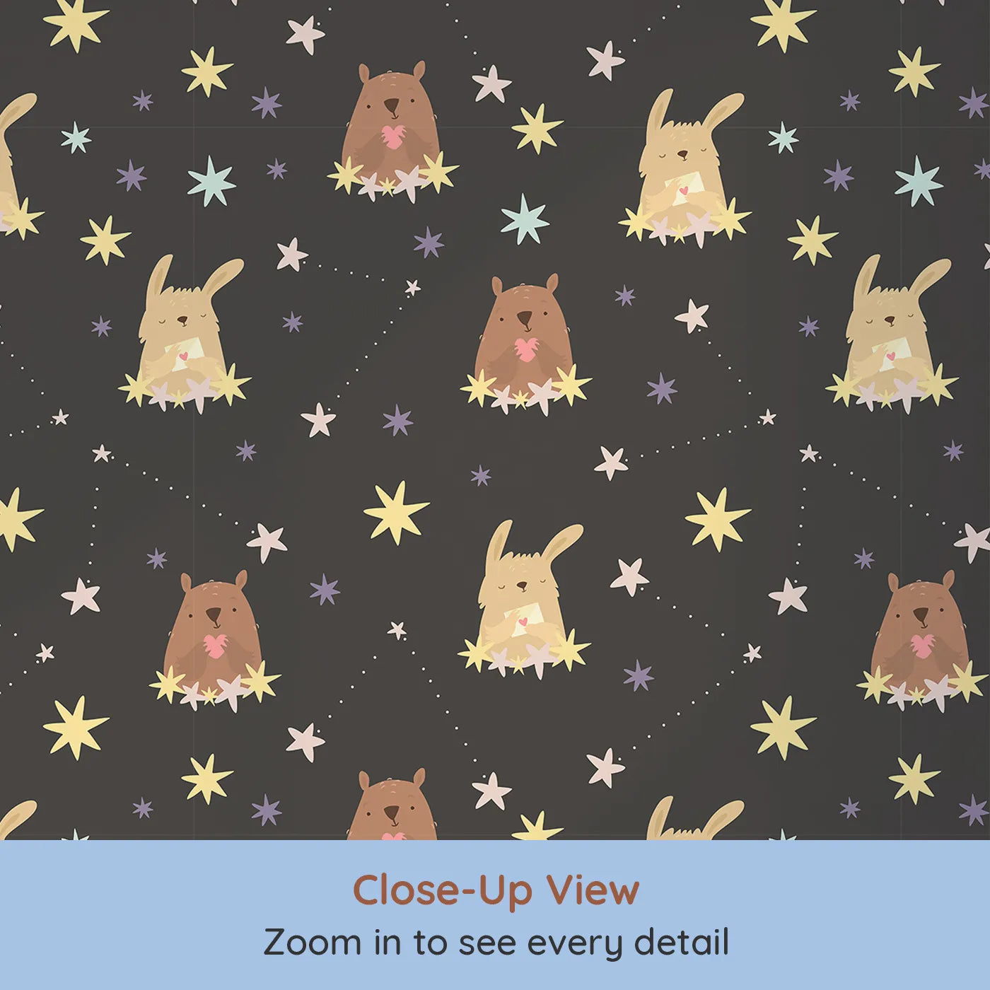 Close-up view of Whimsy Tots' Starry Snuggle Pals Wallpaper in Charcoal Gray (W3196C).Sweet woodland friends rest among glowing constellations and soft starbursts.