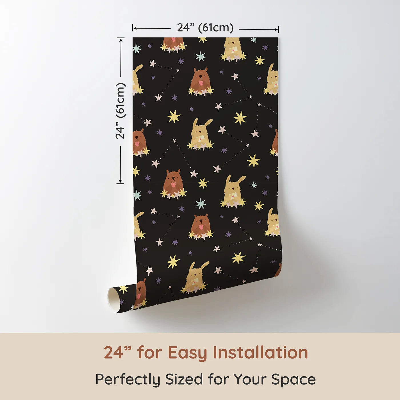 Dimension view of Whimsy Tots Starry Snuggle Pals Wallpaper in Charcoal Gray (W3196C). Printed in 24-inch-wide panel for easy installation. Sweet woodland friends rest among glowing constellations and soft starbursts.