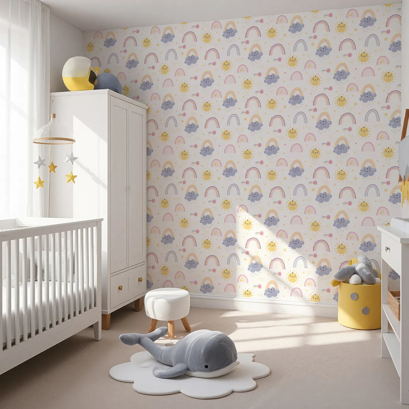 Angled view of Whimsy Tots' Sunshine After Rain Wallpaper (W3197).Smiling suns, gentle clouds, and pastel rainbows brighten every corner.