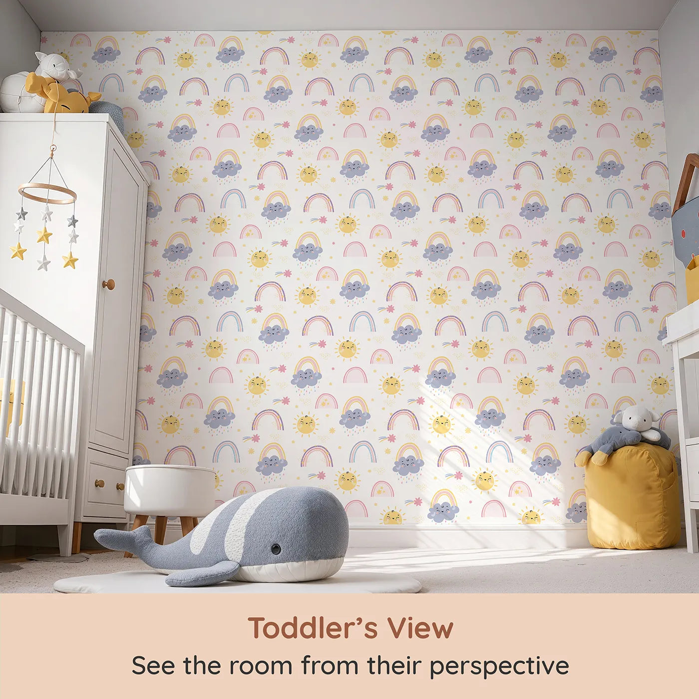 Whimsy Tots Sunshine After Rain Wallpaper (W3197) from your child's view.Smiling suns, gentle clouds, and pastel rainbows brighten every corner.