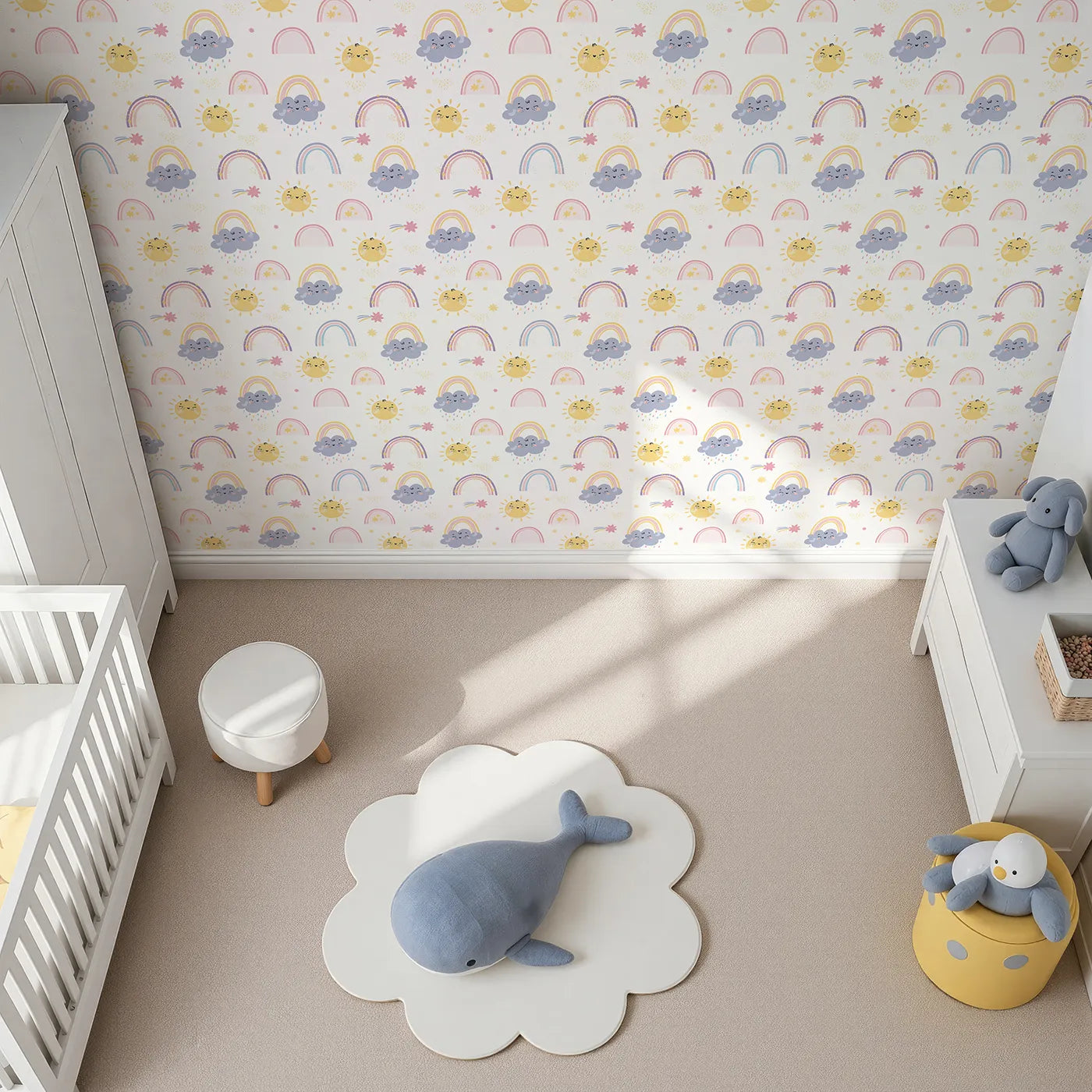 Top-Down view of Whimsy Tots' Sunshine After Rain Wallpaper (W3197).Smiling suns, gentle clouds, and pastel rainbows brighten every corner.