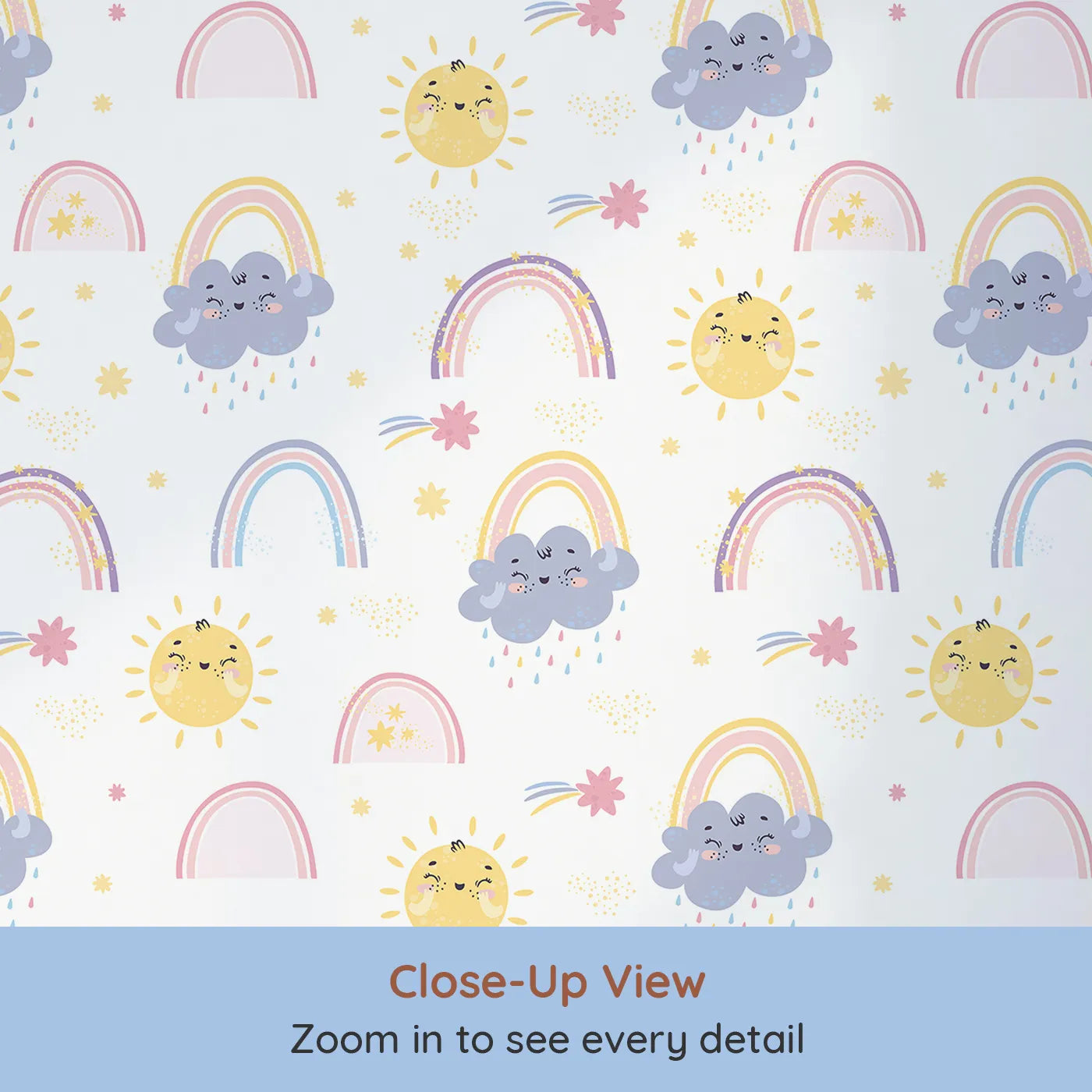 Close-up view of Whimsy Tots' Sunshine After Rain Wallpaper (W3197).Smiling suns, gentle clouds, and pastel rainbows brighten every corner.