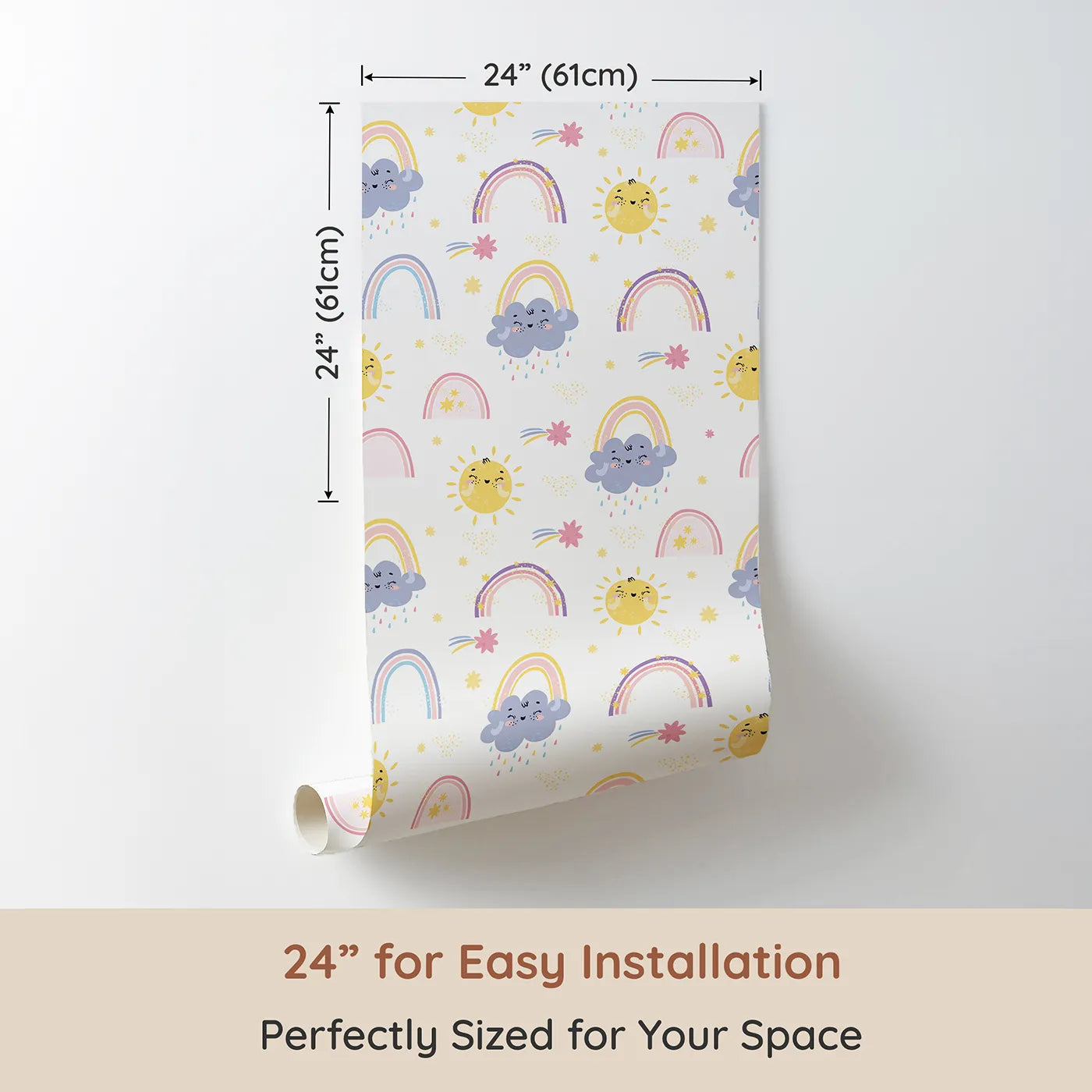 Dimension view of Whimsy Tots Sunshine After Rain Wallpaper (W3197). Printed in 24-inch-wide panel for easy installation. Smiling suns, gentle clouds, and pastel rainbows brighten every corner.