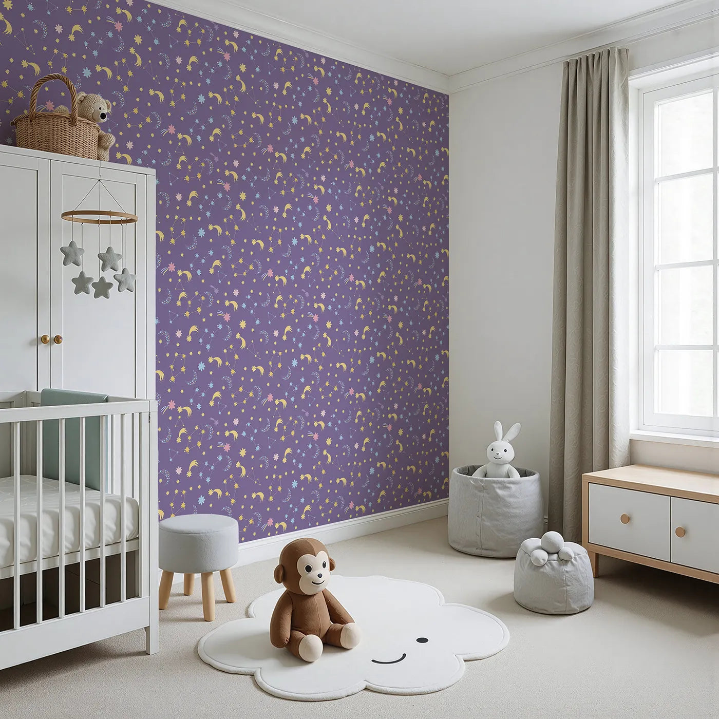 Angled view of Whimsy Tots' Starglow Constellation Dance Wallpaper in Plum (W3198A).Moons, constellations, and glittering bursts swirl in a magical purple night.