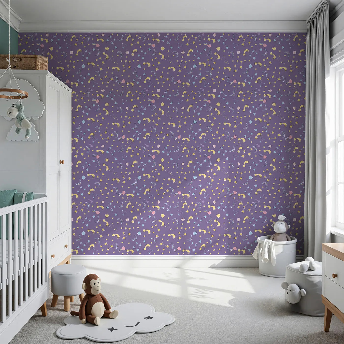 Front view of Whimsy Tots' Starglow Constellation Dance Wallpaper in Plum