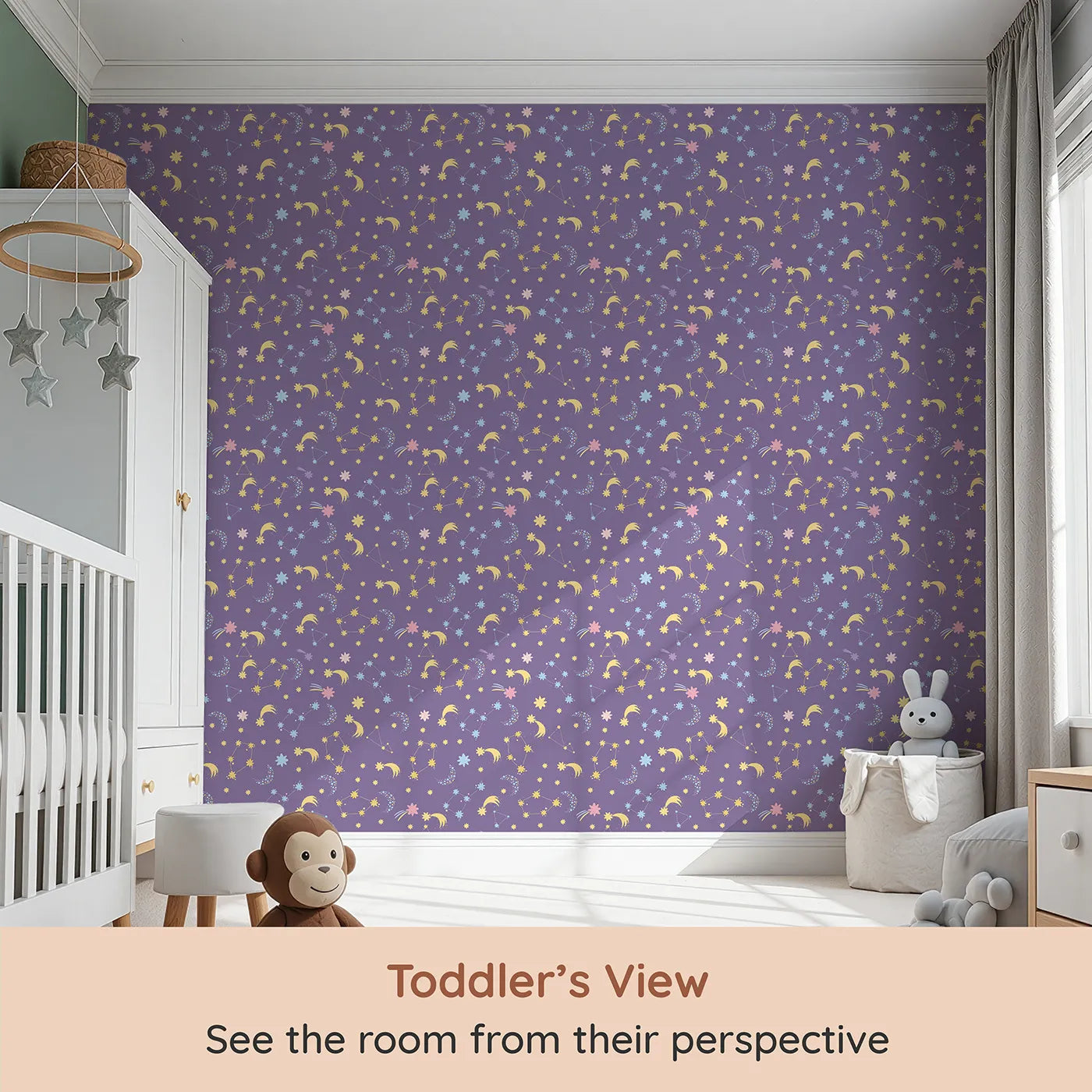 Whimsy Tots Starglow Constellation Dance Wallpaper in Plum (W3198A) from your child's view.Moons, constellations, and glittering bursts swirl in a magical purple night.