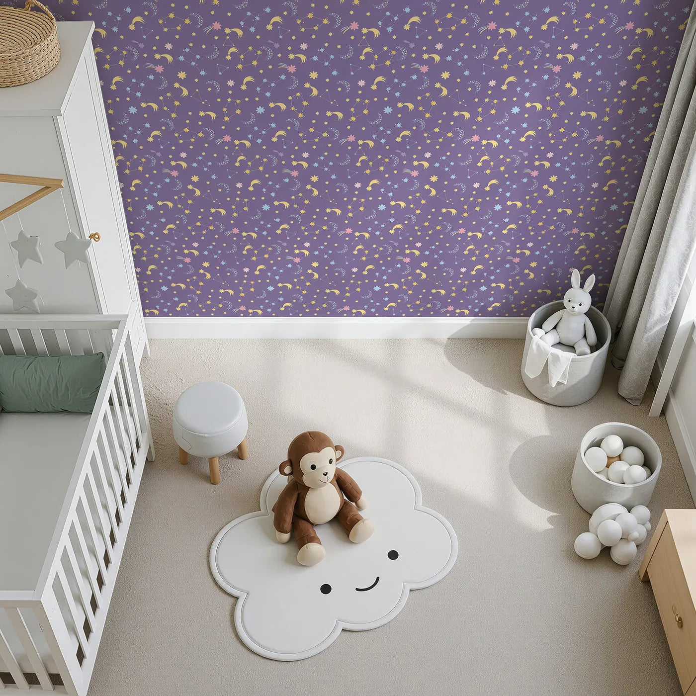 Top-Down view of Whimsy Tots' Starglow Constellation Dance Wallpaper in Plum (W3198A).Moons, constellations, and glittering bursts swirl in a magical purple night.