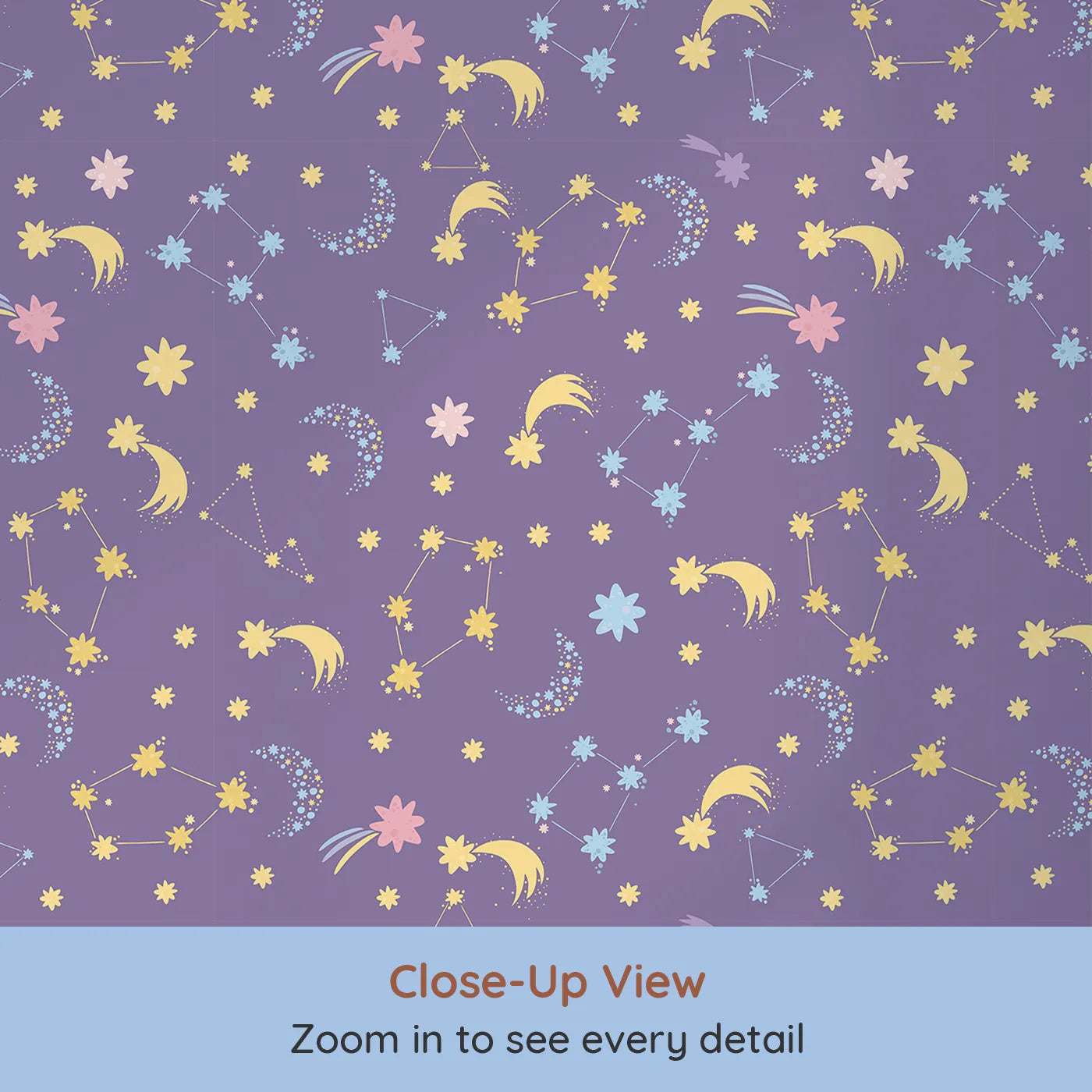 Close-up view of Whimsy Tots' Starglow Constellation Dance Wallpaper in Plum (W3198A).Moons, constellations, and glittering bursts swirl in a magical purple night.