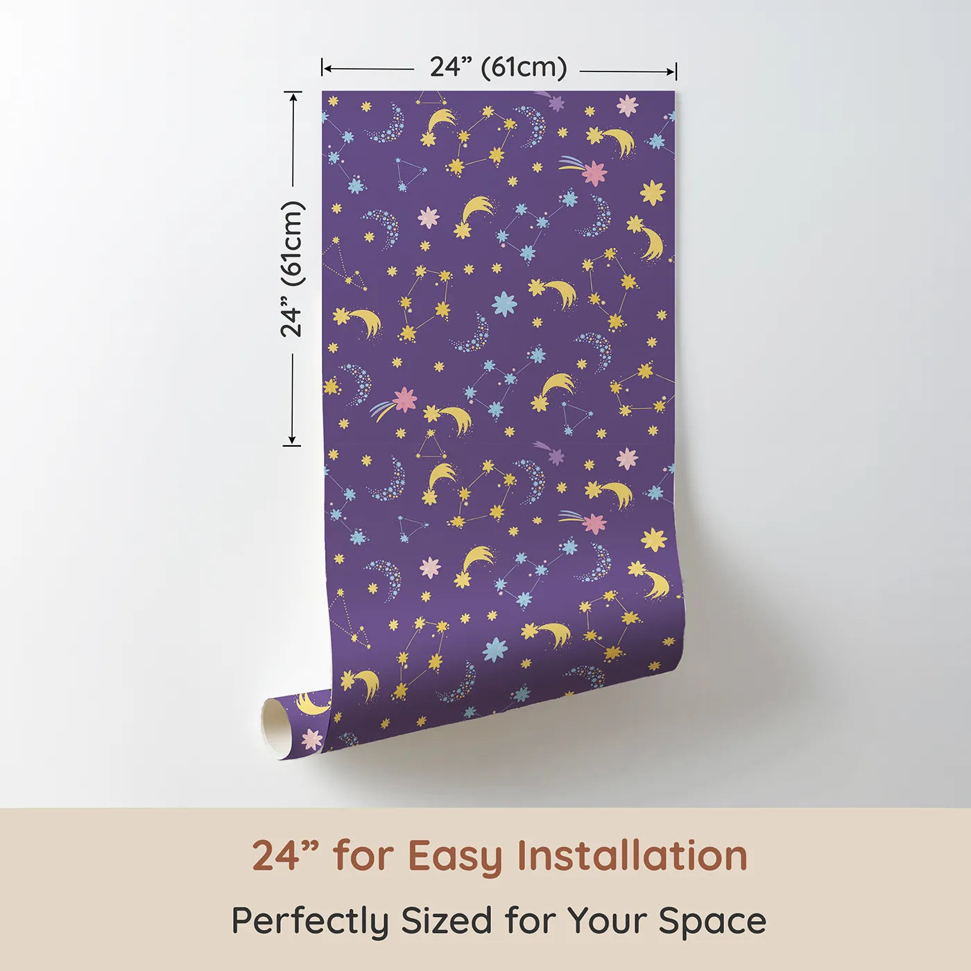 Dimension view of Whimsy Tots Starglow Constellation Dance Wallpaper in Plum (W3198A). Printed in 24-inch-wide panel for easy installation. Moons, constellations, and glittering bursts swirl in a magical purple night.