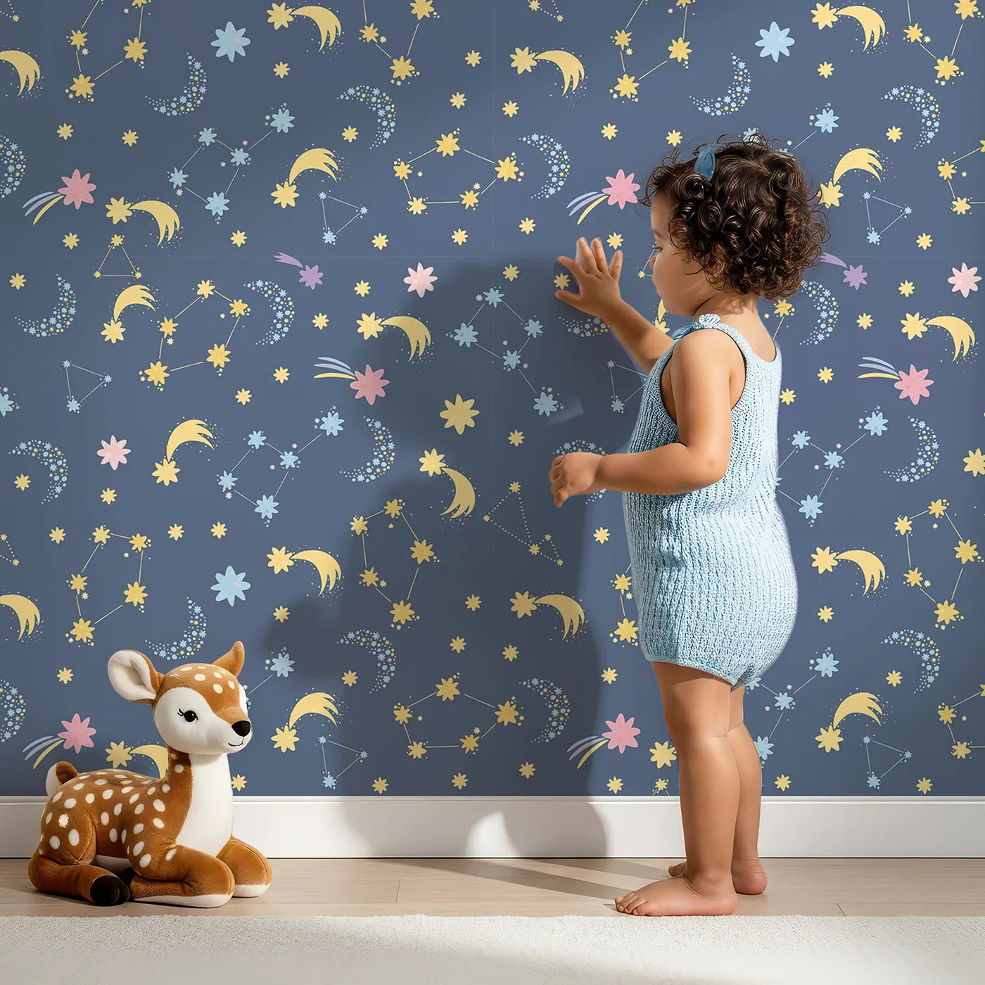 Lovely child standing in front of Whimsy Tots Starglow Constellation Dance Wallpaper in Navy Blue with moon, star, constellation, shooting star, galaxy in design.
