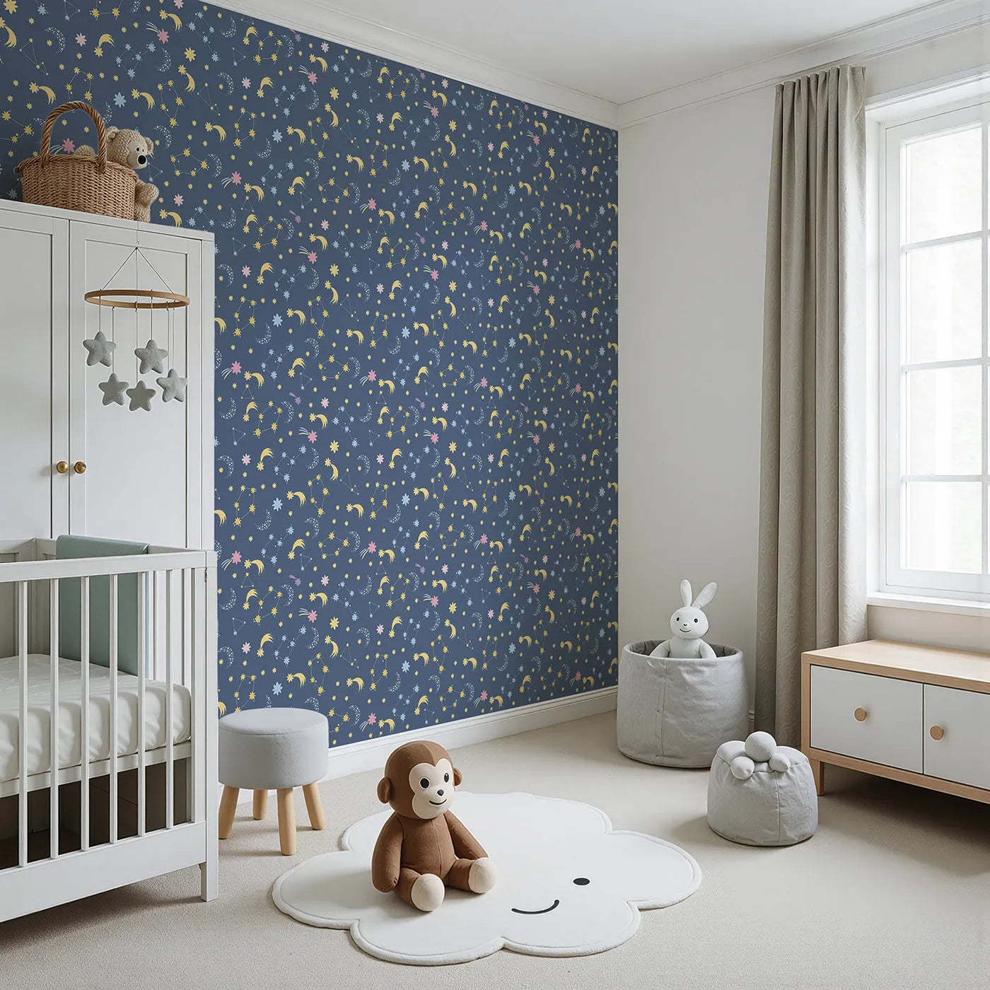 Angled view of Whimsy Tots' Starglow Constellation Dance Wallpaper in Navy Blue (W3198B).Moons, constellations, and glittering bursts swirl in a magical blue night.