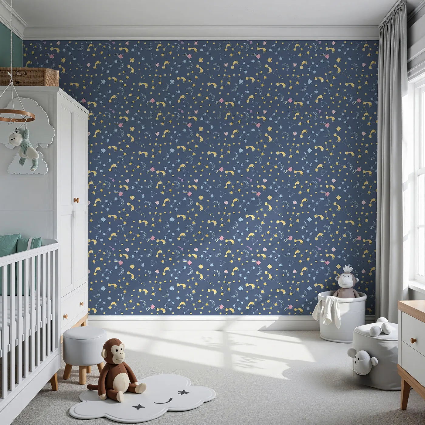 Front view of Whimsy Tots' Starglow Constellation Dance Wallpaper in Navy Blue