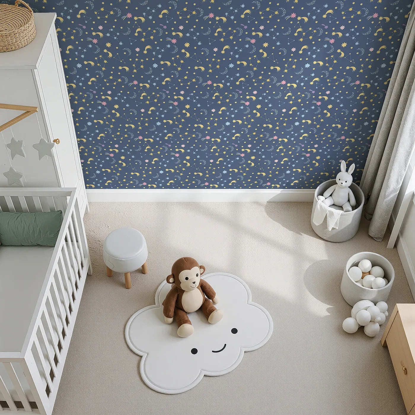 Top-Down view of Whimsy Tots' Starglow Constellation Dance Wallpaper in Navy Blue (W3198B).Moons, constellations, and glittering bursts swirl in a magical blue night.