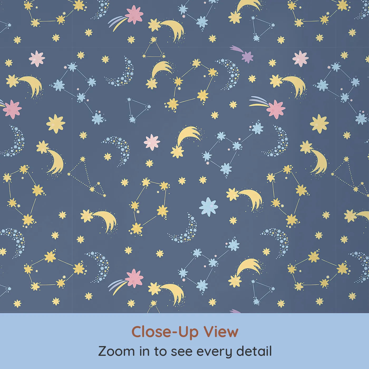 Close-up view of Whimsy Tots' Starglow Constellation Dance Wallpaper in Navy Blue (W3198B).Moons, constellations, and glittering bursts swirl in a magical blue night.