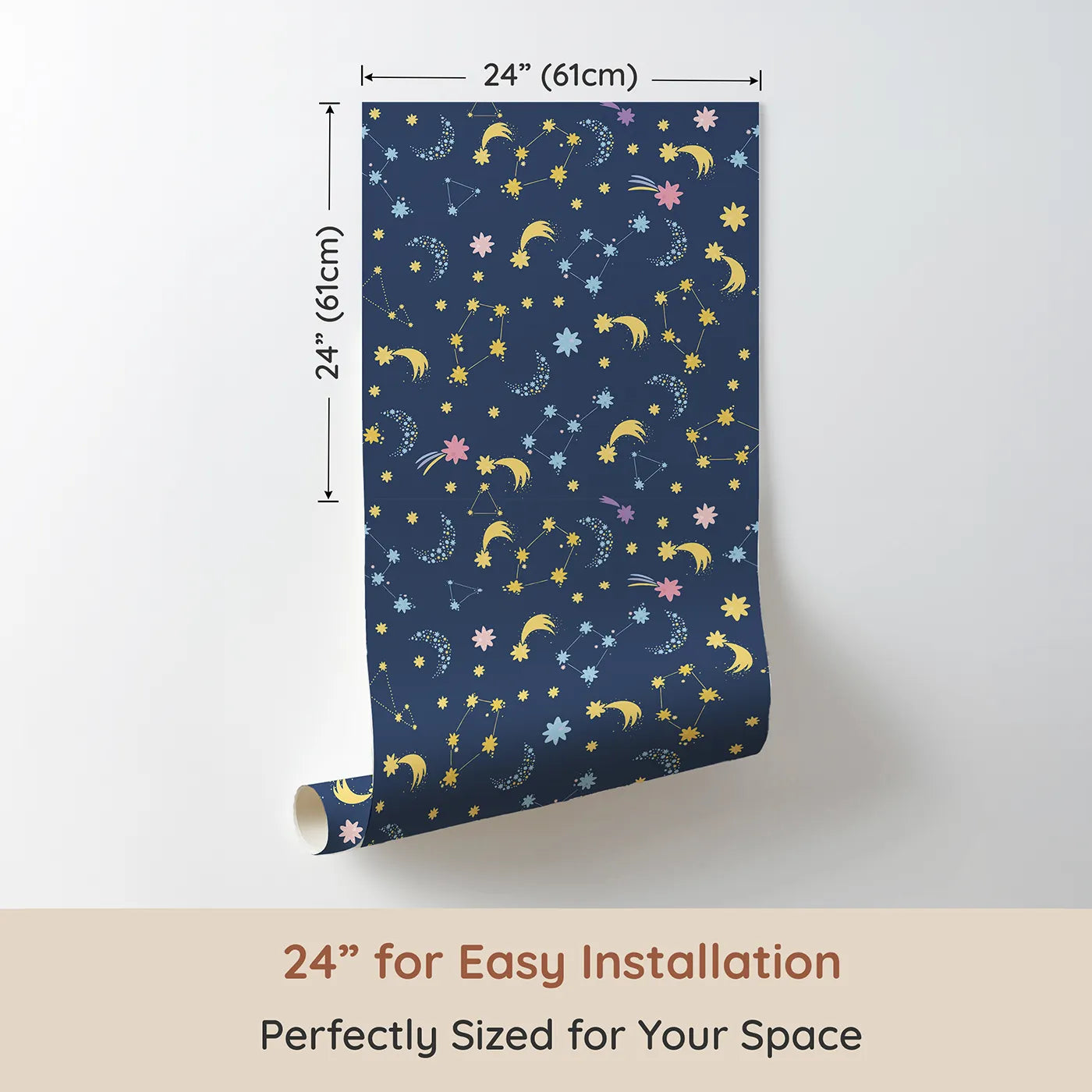 Dimension view of Whimsy Tots Starglow Constellation Dance Wallpaper in Navy Blue (W3198B). Printed in 24-inch-wide panel for easy installation. Moons, constellations, and glittering bursts swirl in a magical blue night.