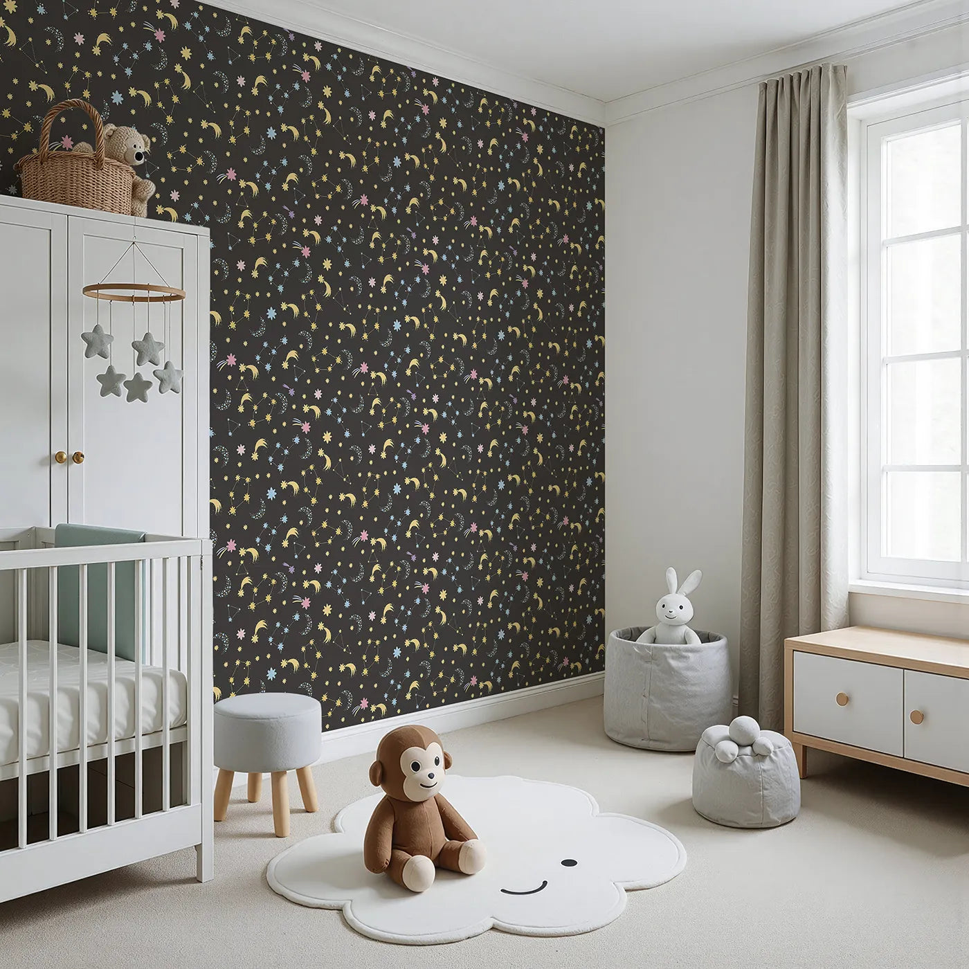 Angled view of Whimsy Tots' Starglow Constellation Dance Wallpaper in Charcoal Gray (W3198C).Moons, constellations, and glittering bursts swirl in a magical starlit sky.