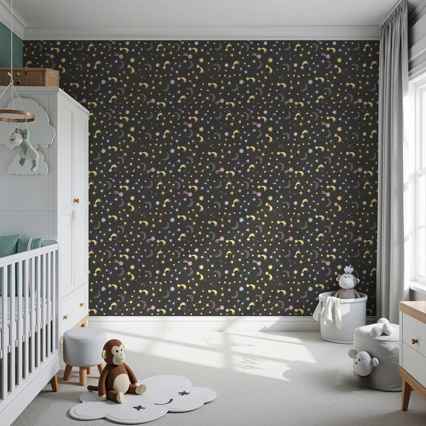 Front view of Whimsy Tots' Starglow Constellation Dance Wallpaper in Charcoal Gray