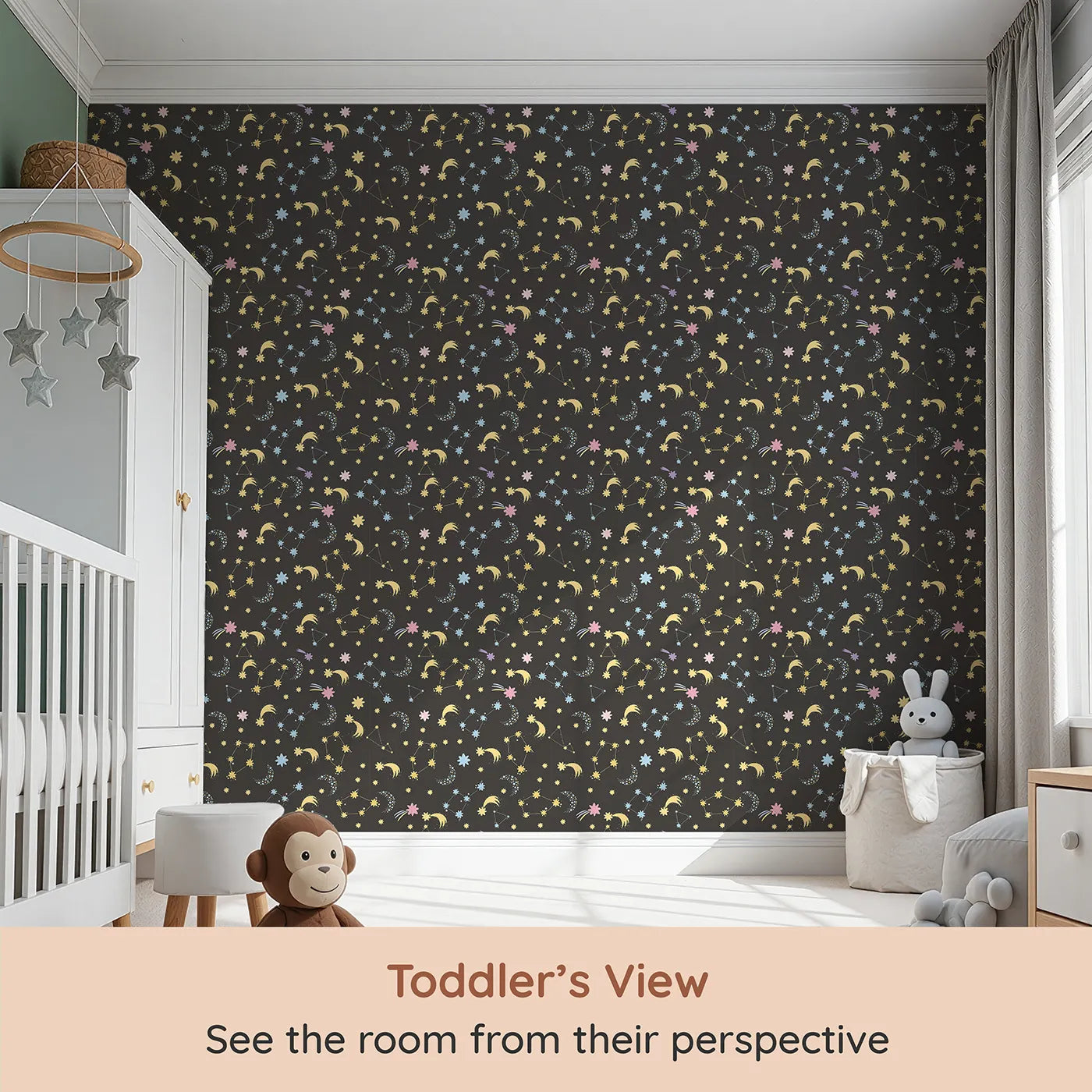 Whimsy Tots Starglow Constellation Dance Wallpaper in Charcoal Gray (W3198C) from your child's view.Moons, constellations, and glittering bursts swirl in a magical starlit sky.