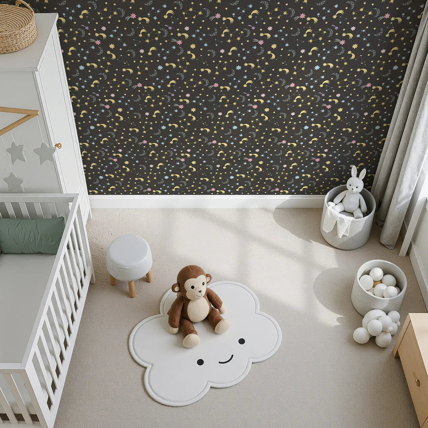 Top-Down view of Whimsy Tots' Starglow Constellation Dance Wallpaper in Charcoal Gray (W3198C).Moons, constellations, and glittering bursts swirl in a magical starlit sky.