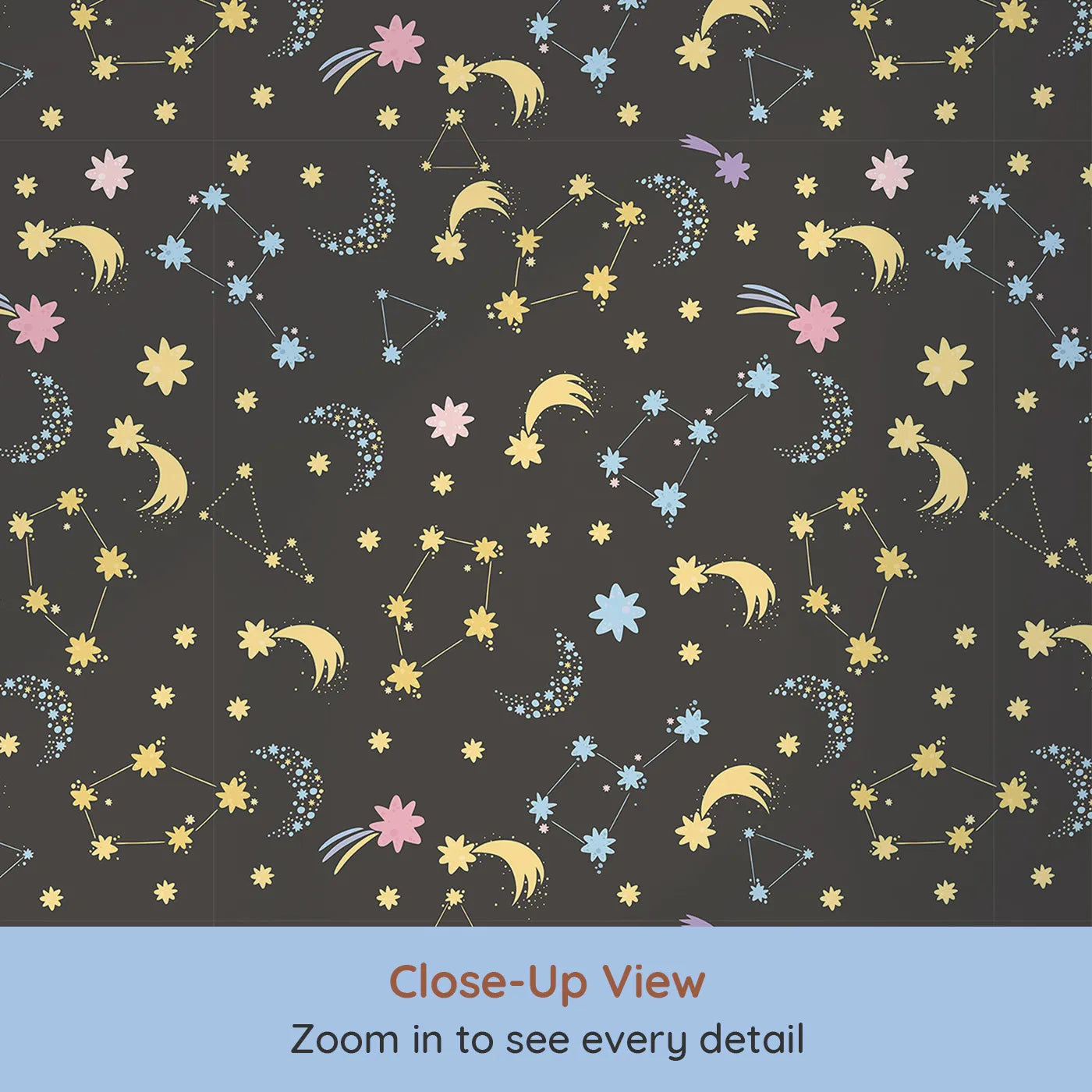 Close-up view of Whimsy Tots' Starglow Constellation Dance Wallpaper in Charcoal Gray (W3198C).Moons, constellations, and glittering bursts swirl in a magical starlit sky.